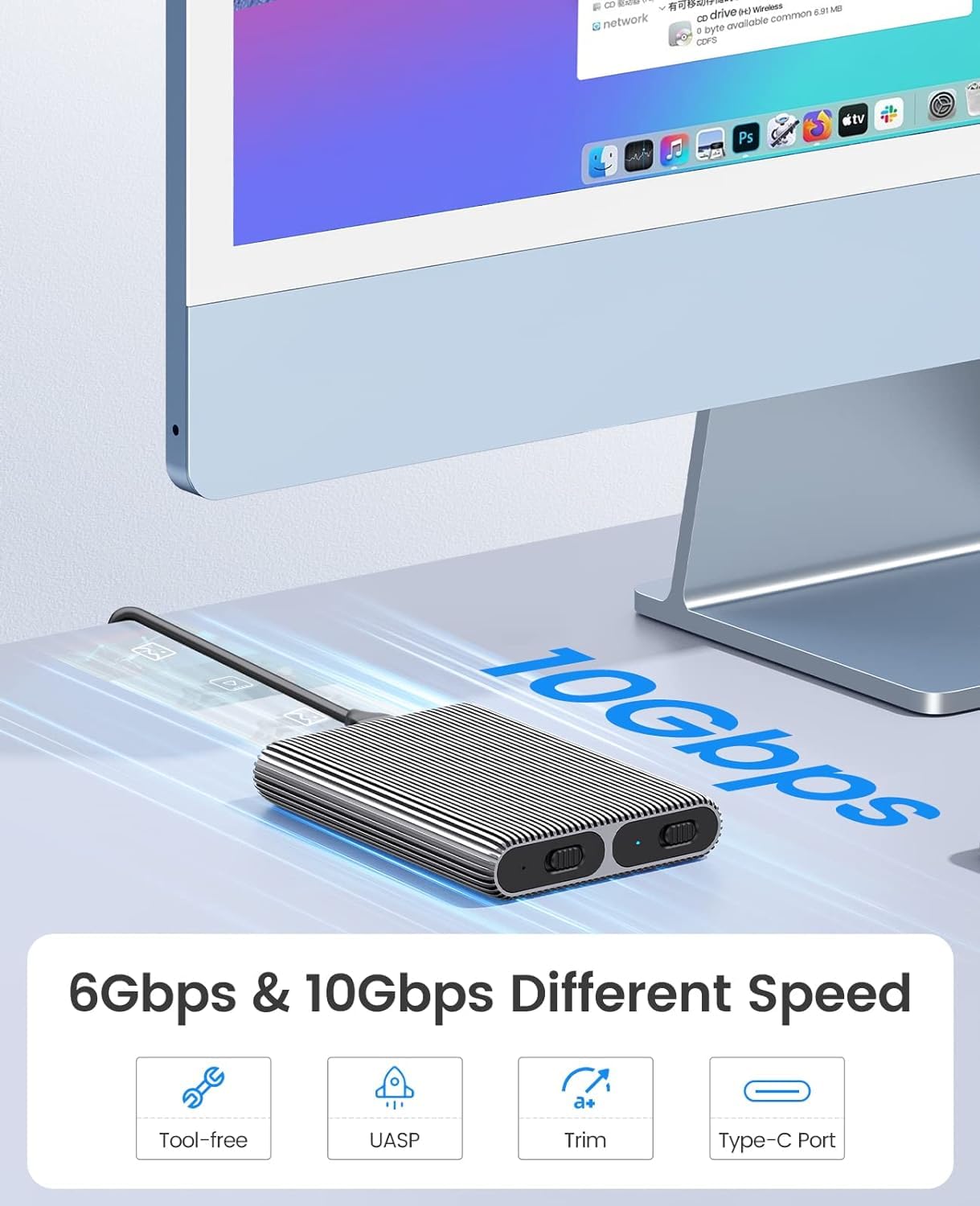 ORICO Dual-Bay Case SSD M.2 NVMe SATA, Senza Attrezzi Adattatore da USB C a M2 per M Key PCIe, B+M Key, B Key 2230/2242/2260/2280, M2 Docking Station in Alluminio fino a SSD da 2x4TB -AM2-2SN