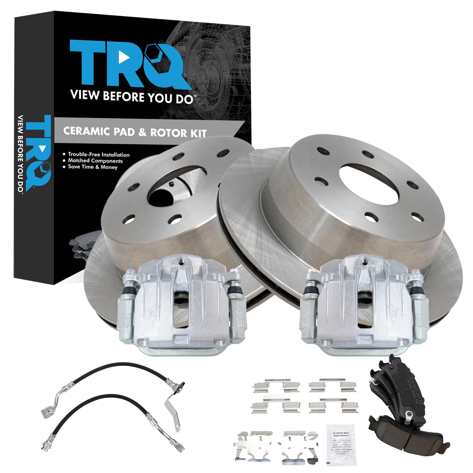 TRQ Rear Brake Pad and Rotor Set Ceramic Calipers Compatible with 2002 Chevrolet Silverado 1500 Sierra 1500