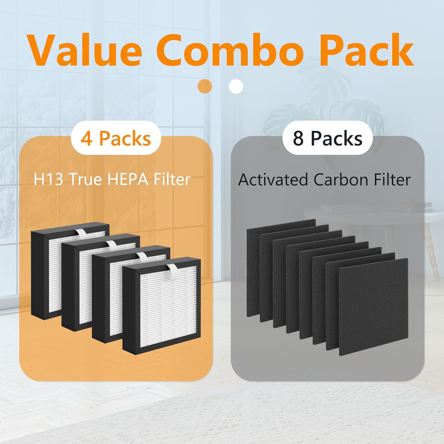 Image showing the value combo pack with 4 H13 True HEPA Filters and 8 Activated Carbon Filters.