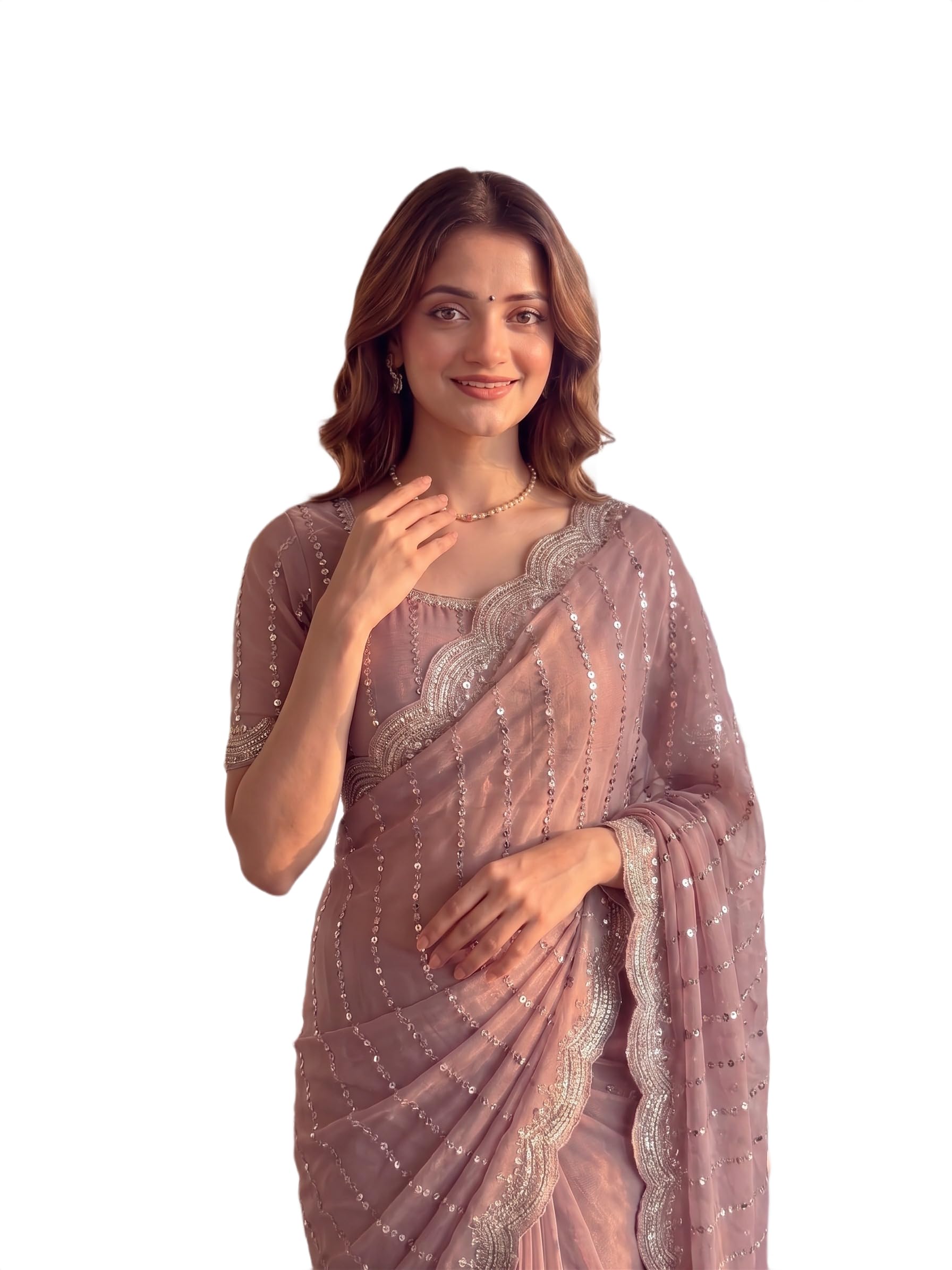 hesvi Women's Sequin Embroidered Saree with Scalloped Border, Unstitched Blouse Piece-picture-4