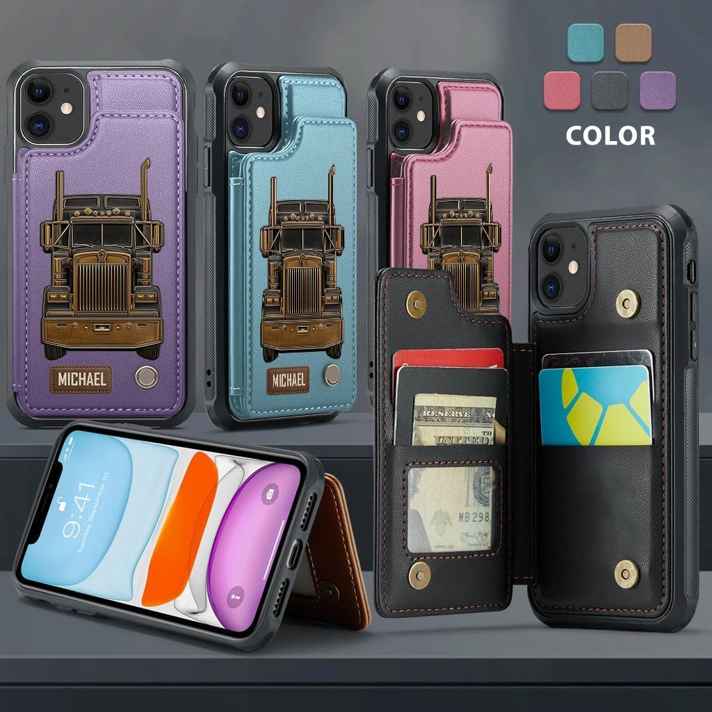 Truck Driver - Personalized Trucker Wallet Phone Case, Personalized Trucker Gift for Dad Men Truck Driver Custom Name Phone Case for iPhone Galaxy