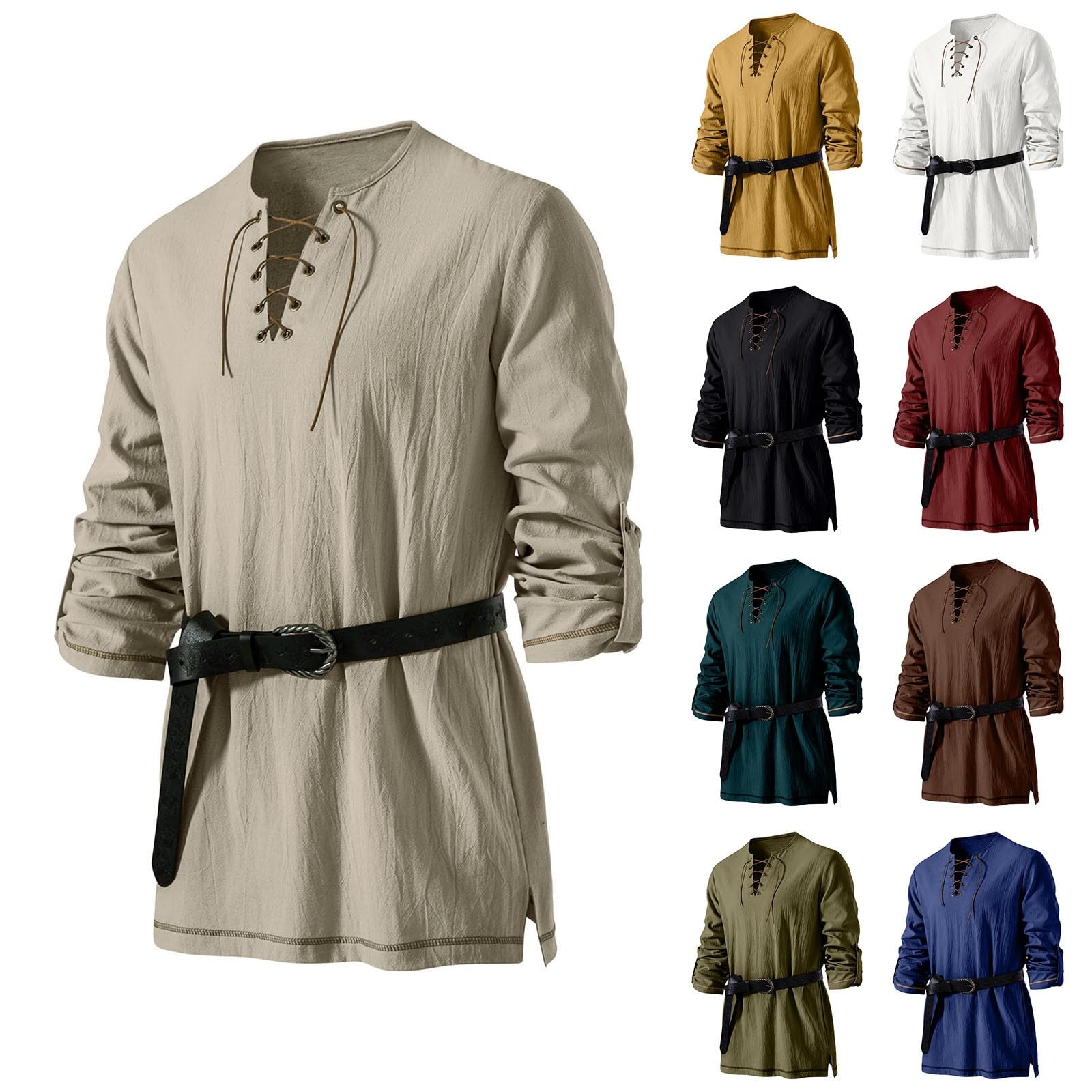 Men's Medieval Pirate Viking Costume Halloween Shirts with Adjustable Belt