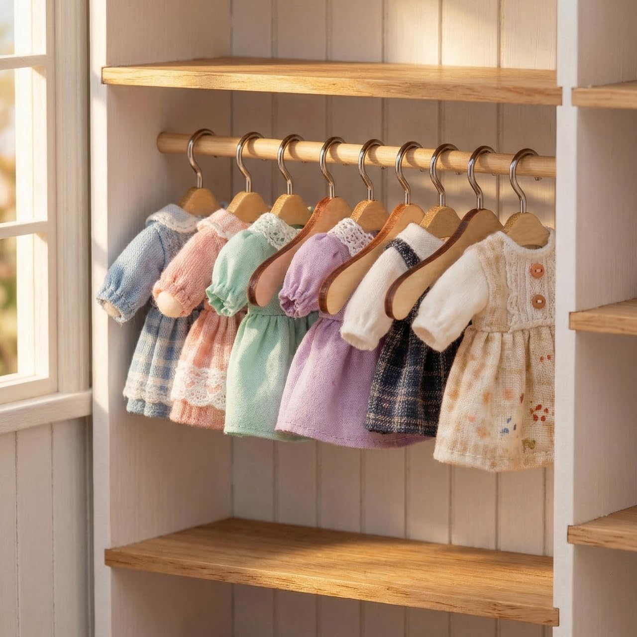 10Pcs Mini Wooden Doll Clothes Hangers 3.93In Doll Closet Accessory for Bjd Dolls Dollhouse Wardrobe Organizer