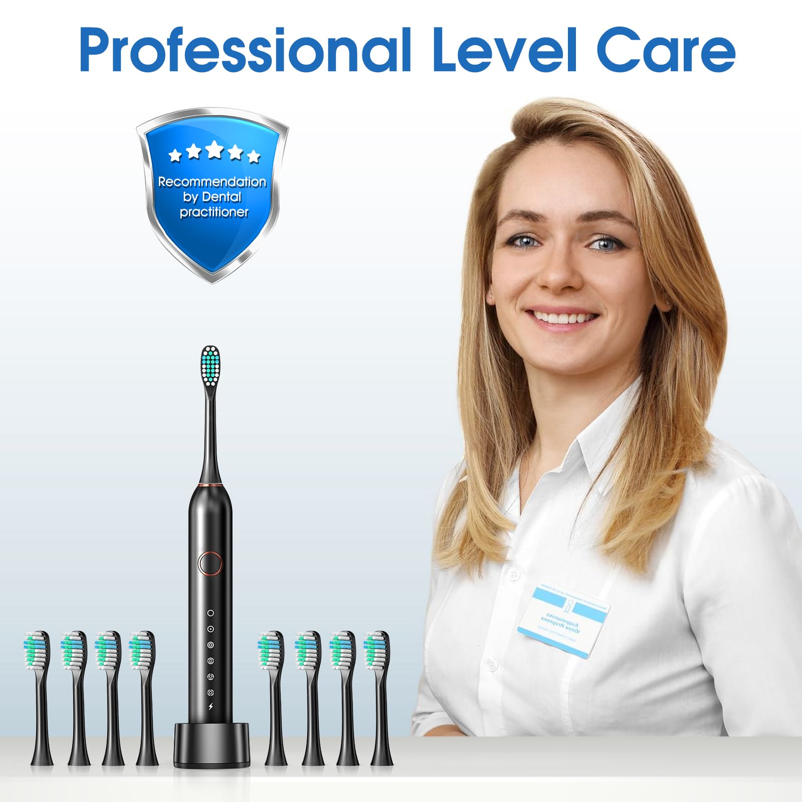 Electric Toothbrush, Sonic Type for Adults & Teens, 8 Brush Heads, Travel Case, 6 Modes, 40000 VPM Electric Motor, IPX7 Waterproof, 2 Minutes Timer, Wireless Charging, One Charge for 100 Days（Black）