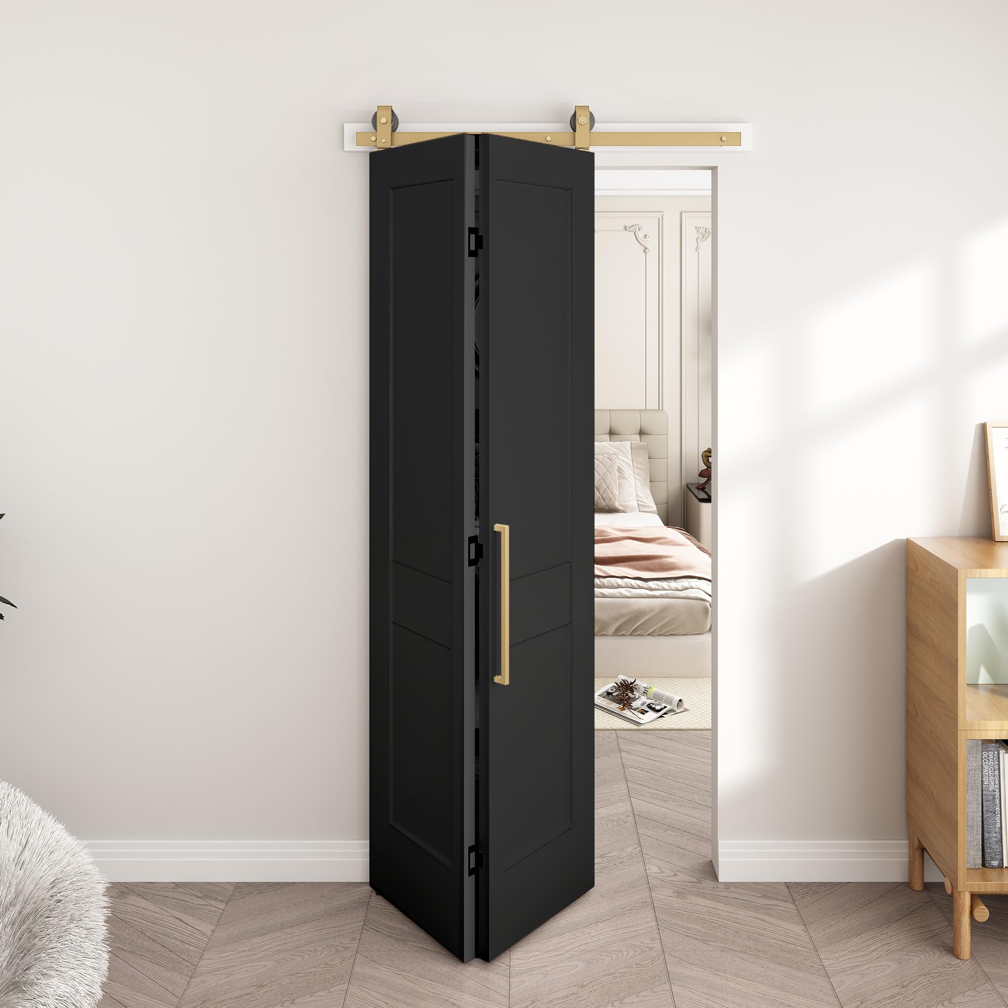 barnsmith 36 in.x 84 in. bifold barn door, 2 panel vinyl wrapped textured black bifold closet door, hollow core interior barn doors with brushed gold finish hardware kits, black