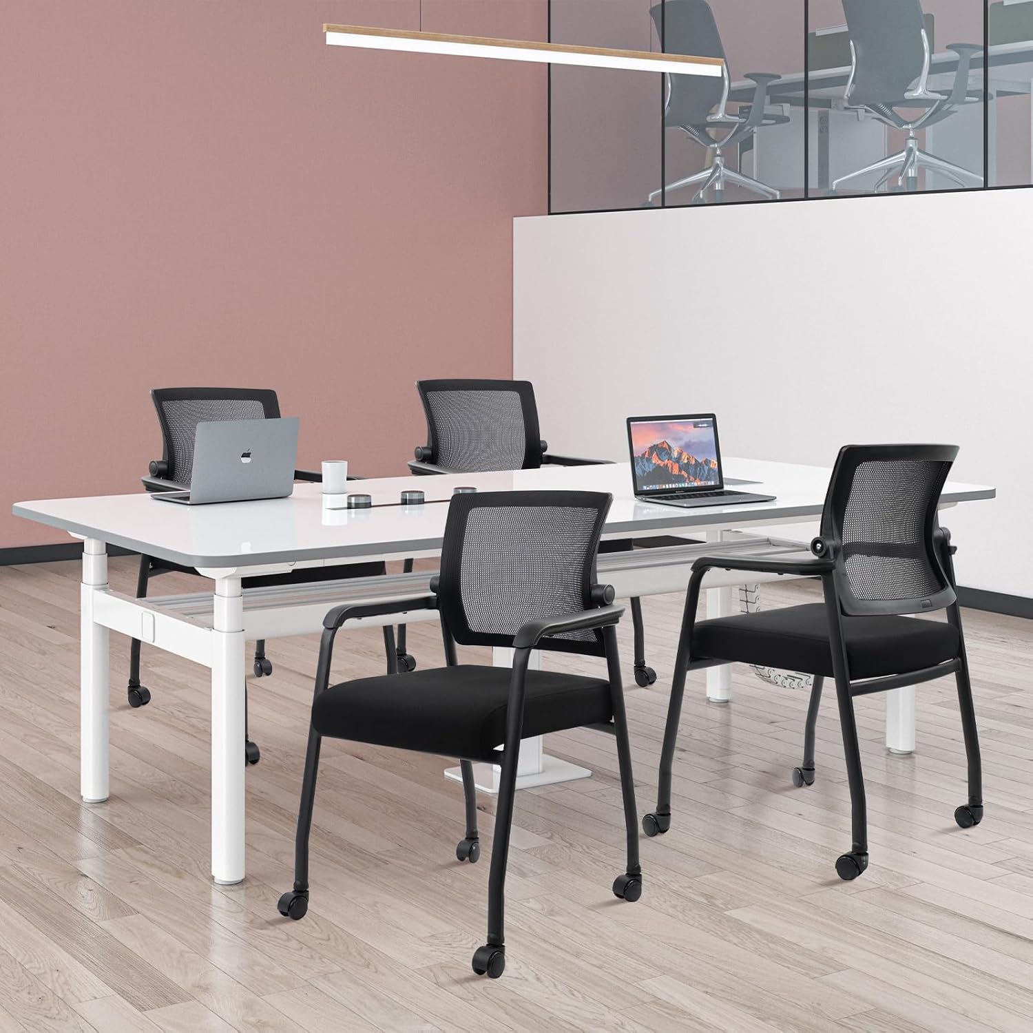 Office Guest Chairs with Wheels | Ergonomic Lumbar Support and Thicked Seats Cushion, Desk Chair with Adjustable Mesh Back for Waiting Room School Church Reception，Black