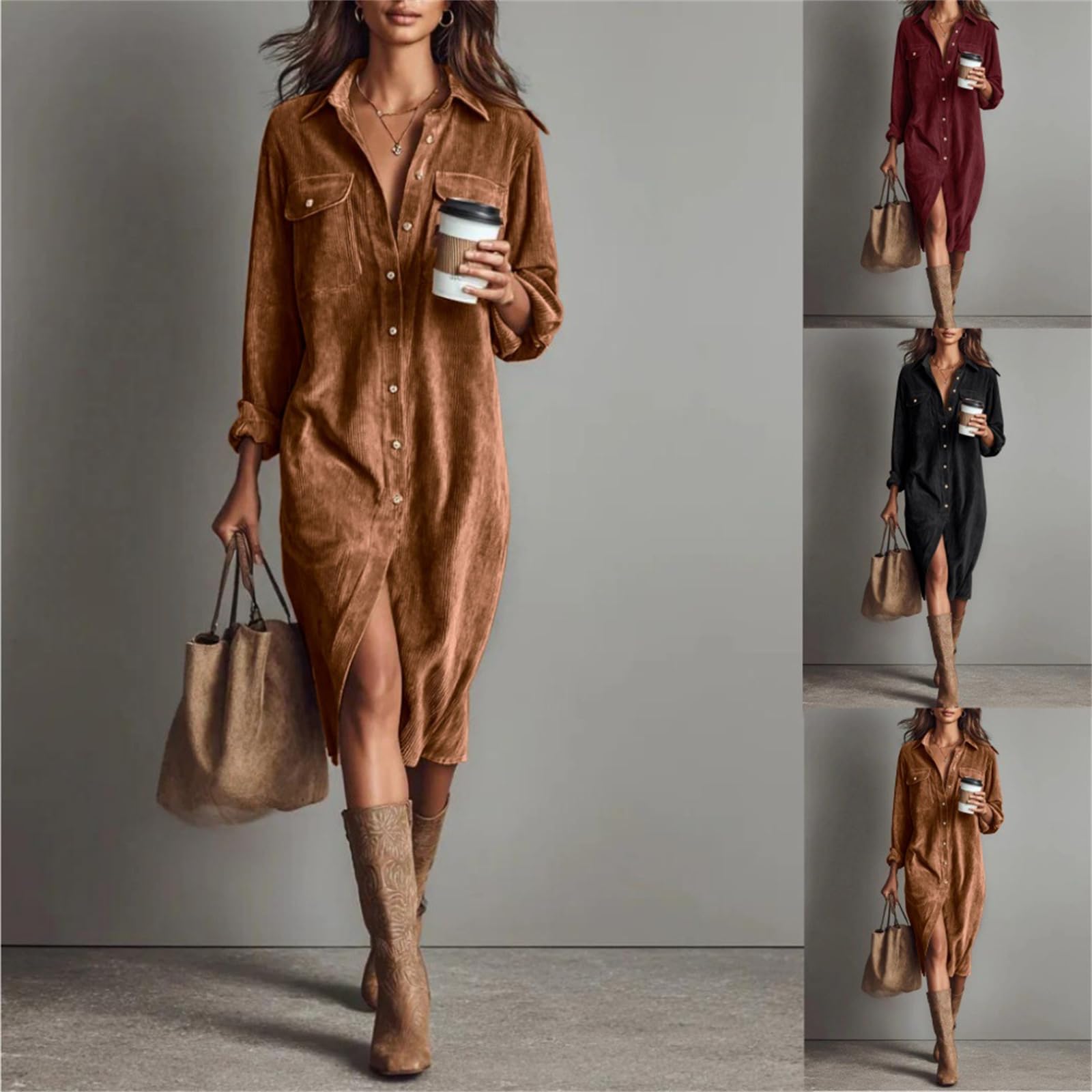 Vestido camisero de pana para mujer, estilo informal, con cuello de solapa, corte acampanado y plisado, marrón, XXL