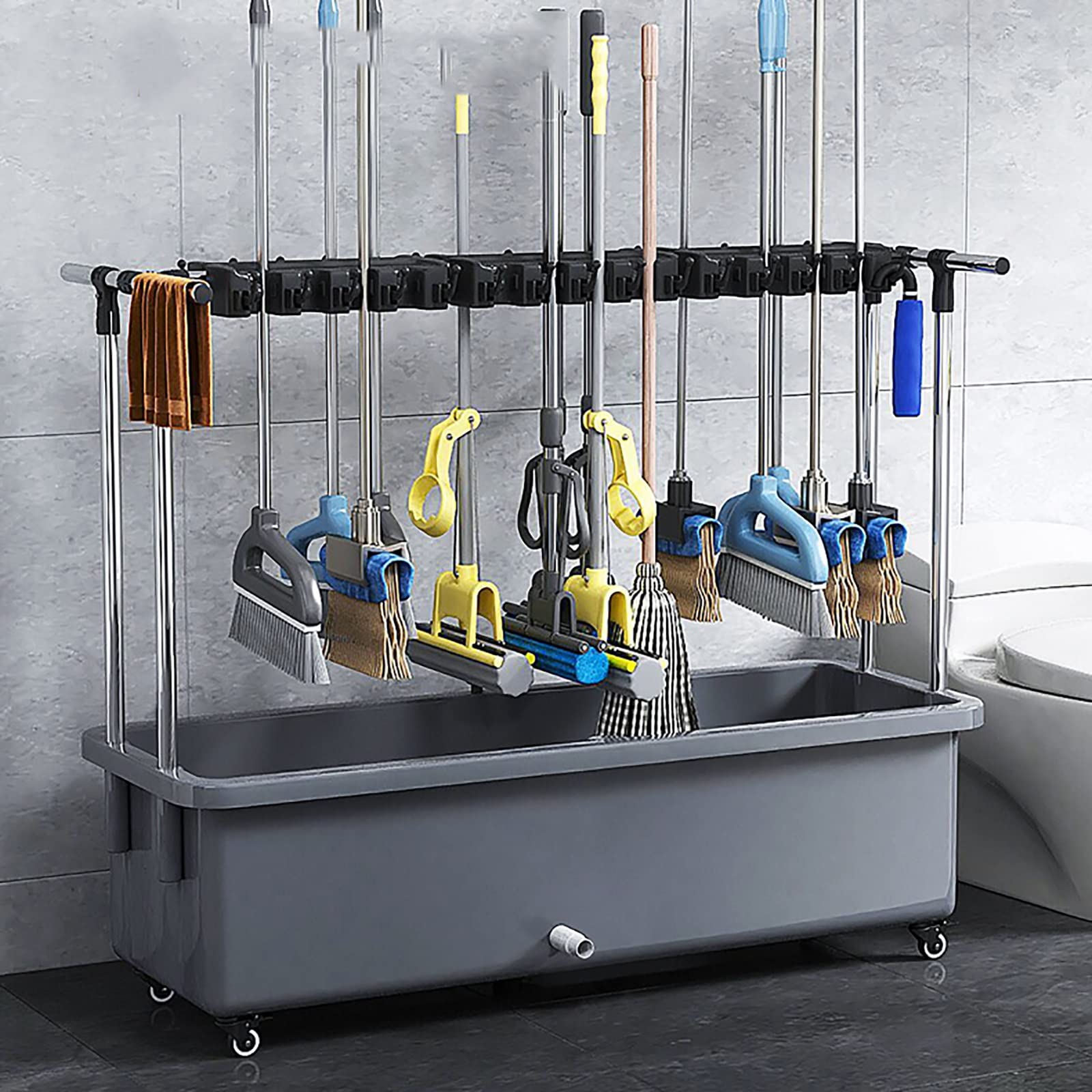 ASerZenith Floor-Mounted Mop Drain Rack,Stainless Steel Floor Mount Mop Sink,Put Wet Mops,Cleaning Supplies Organizer,Garage Storage Rack,Broom Organizer,Laundry Room Organization,For Ga(16Slots)