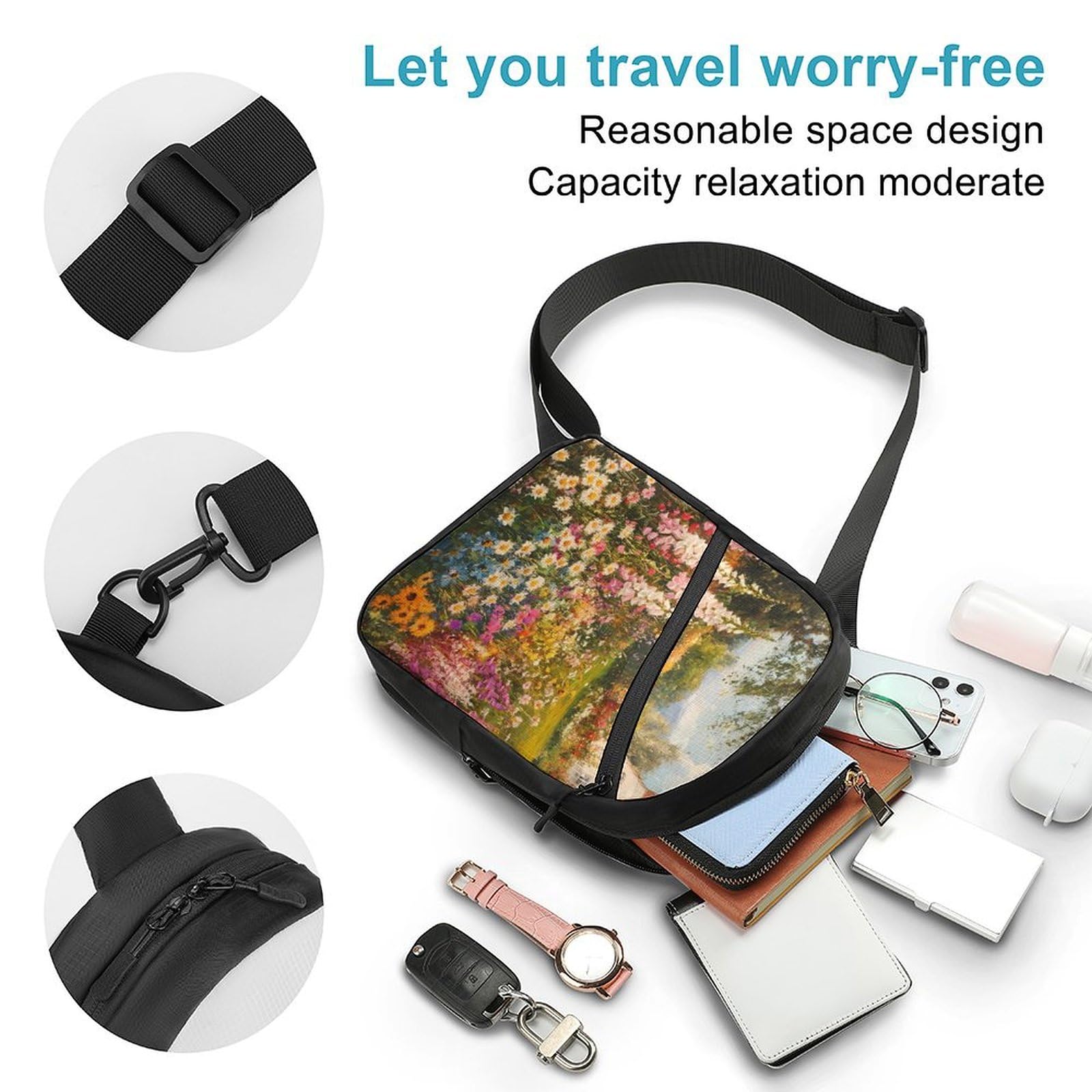 Colorful Flowers Garden Chest Bag Foldable Crossbody Unisex Pack Travel Hiking Adjustable Shoulder Straps Sling Bags