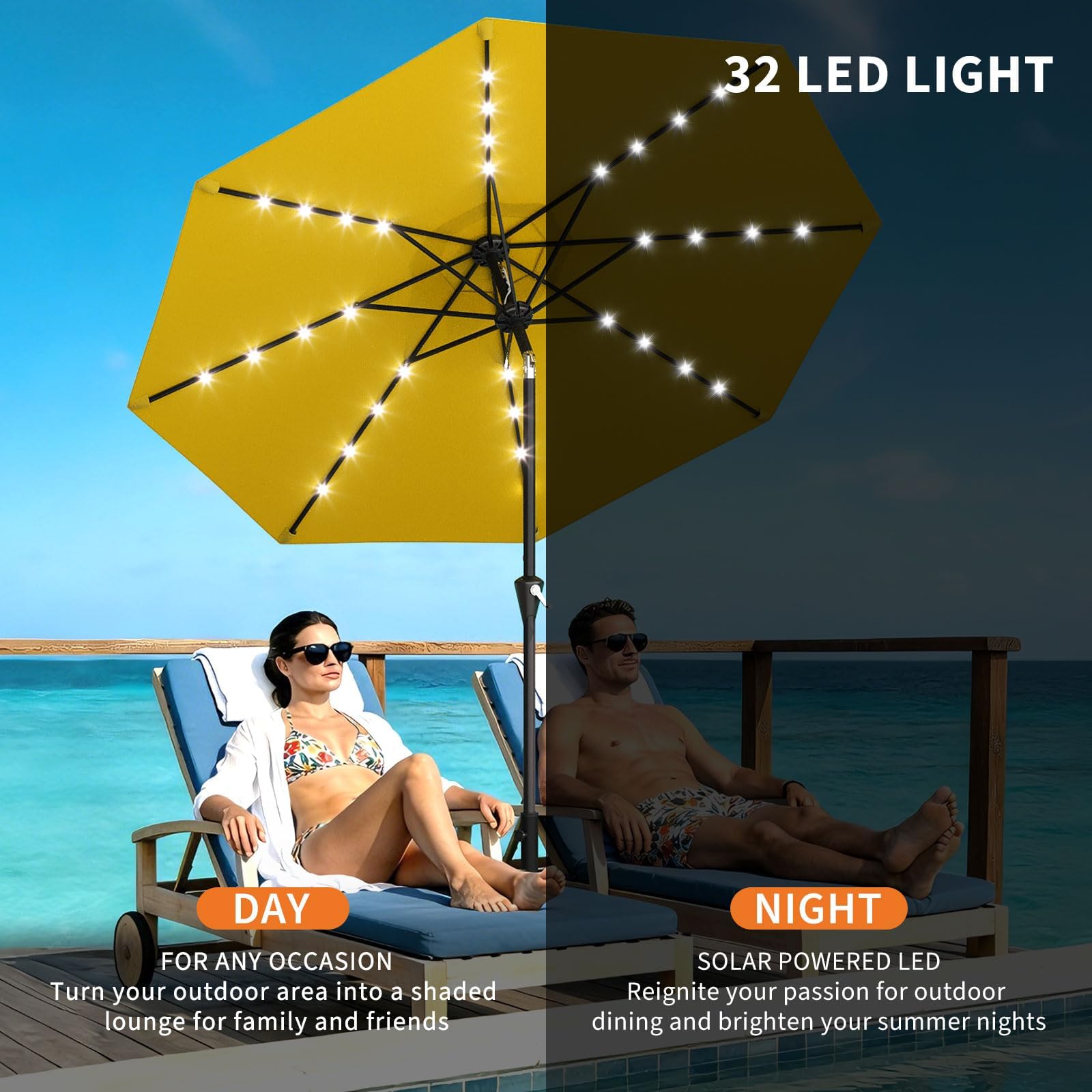 Garvee Sombrilla de Jardín LED Solar 300 cm, Parasol Exterior de Poliéster 180g/m² con 8 Varillas Acero, Manivela, Inclinación 30° Ajustable y Protección UV, Ideal para Terraza y Patio