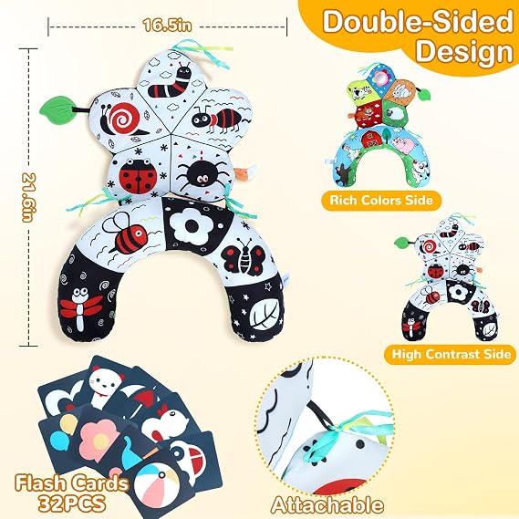 Tummy Time Pillow, High Contrast Tummy Time Mat with Black & White Flash Cards, Double-Sided Tummy Time Cushion with Mirror & Teether Sensory Toys, Baby Toys for Infant Newborn 0-6 Months Babies
