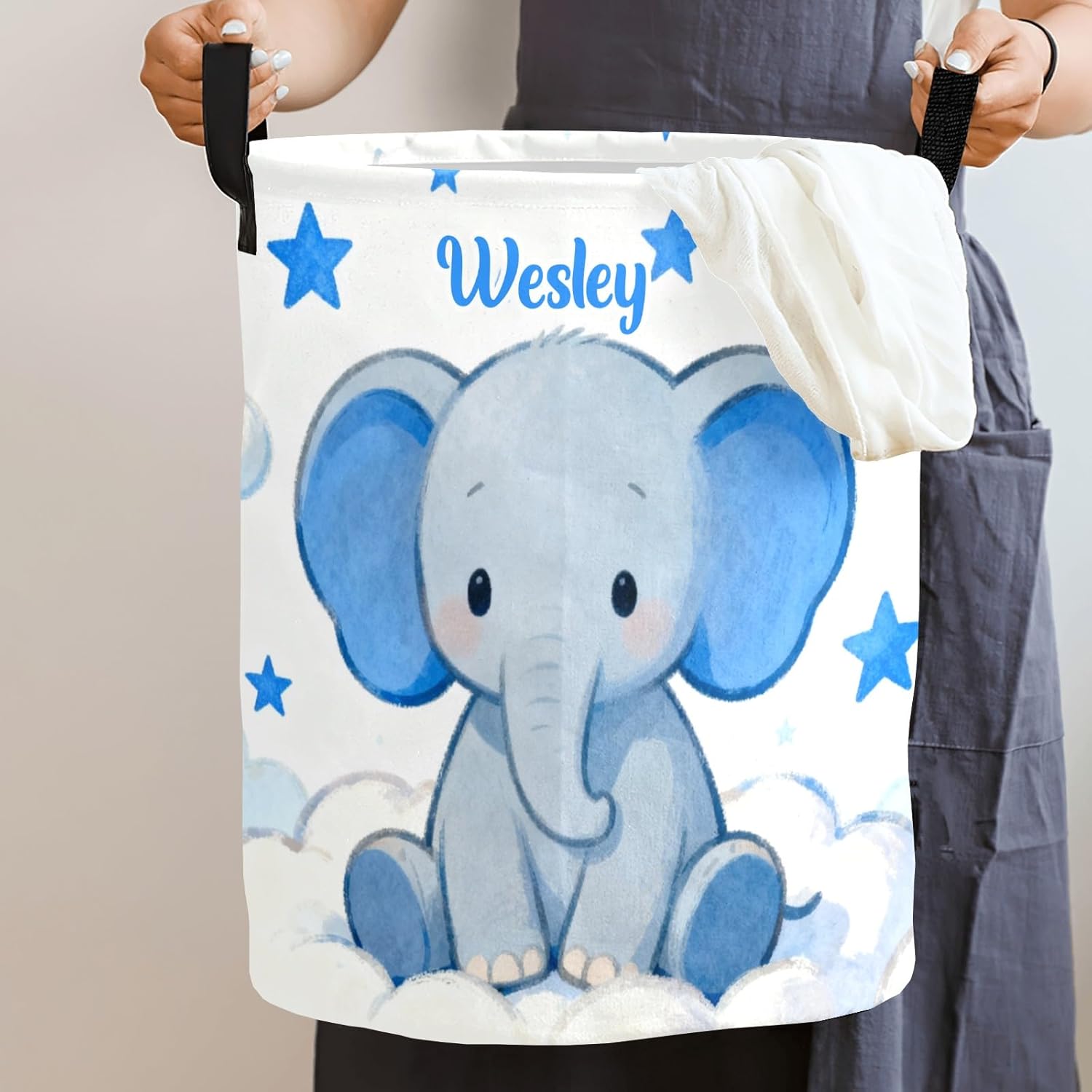 Blue Stars Elephant Personalized Laundry Basket Collapsible Waterproof Laundry Hamper Clothes with Handle for Bedroom Bathroom Nursery Decor