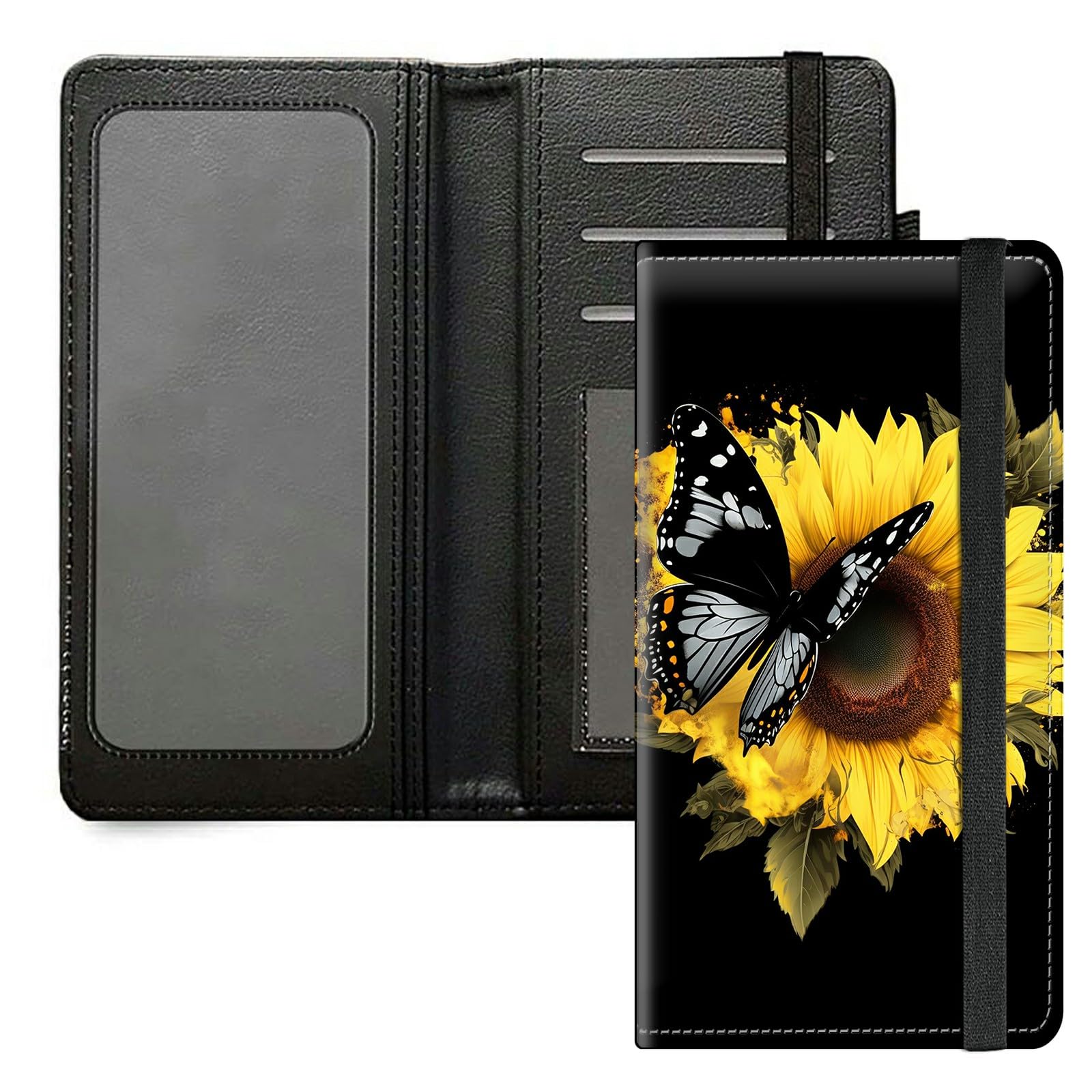 DIGTIALL Checkbook Cover for Men & Women – Premium PU Leather Checkbook Holder with RFID Blocking & Elastic Strap,Sunflower Heart Butterfly