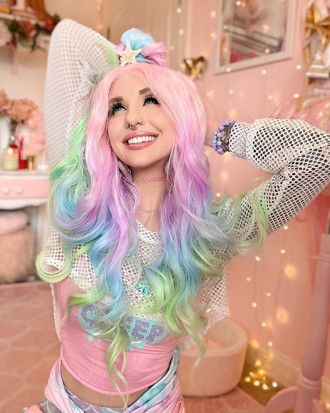 IMSTYLE Rainbow Synthetic Lace Front Wigs Colorful Natural Wave Synthetic Wig for Drag Queen Mermaid Cosplay Party 26 inches