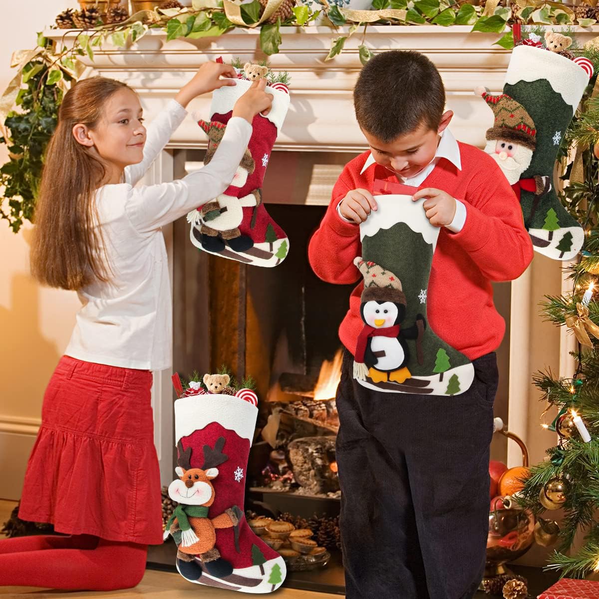 Dreampark Christmas Stockings 4 Pack 18" Big Xmas Stockings Decoration - Santa Snowman Reindeer Penguin Family Stockings for Home Decor Set of 4 - Image 3