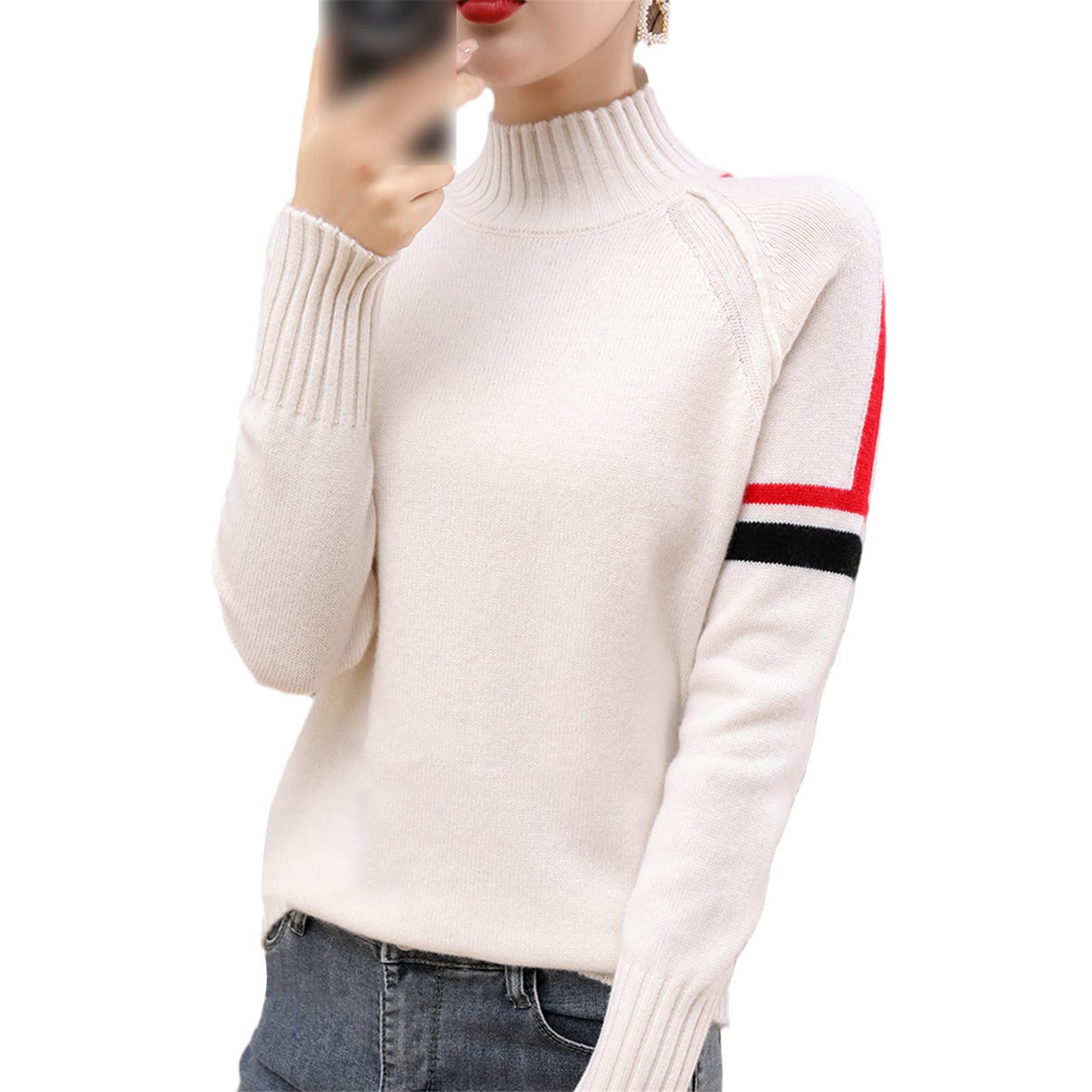 Kelsiop Suéter de cachemira de lana 100% suéter de cuello alto para mujer suéter casual de otoño e invierno