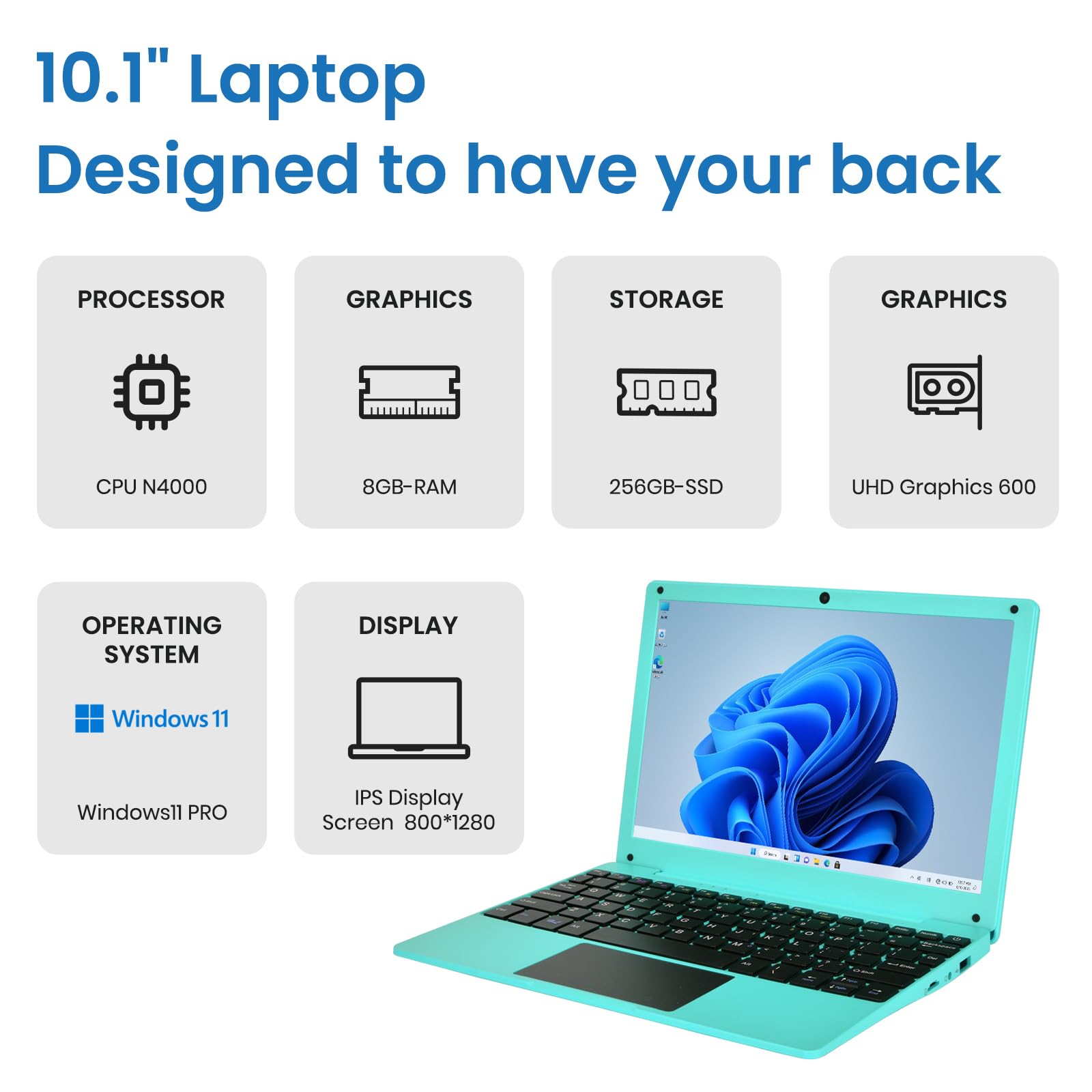 Mini computer portatile con Celeron N4000, 8 GB di RAM, SSD da 256 GB, schermo HD IPS, notebook educativo portatile per l'apprendimento, lavoro d'ufficio, blu