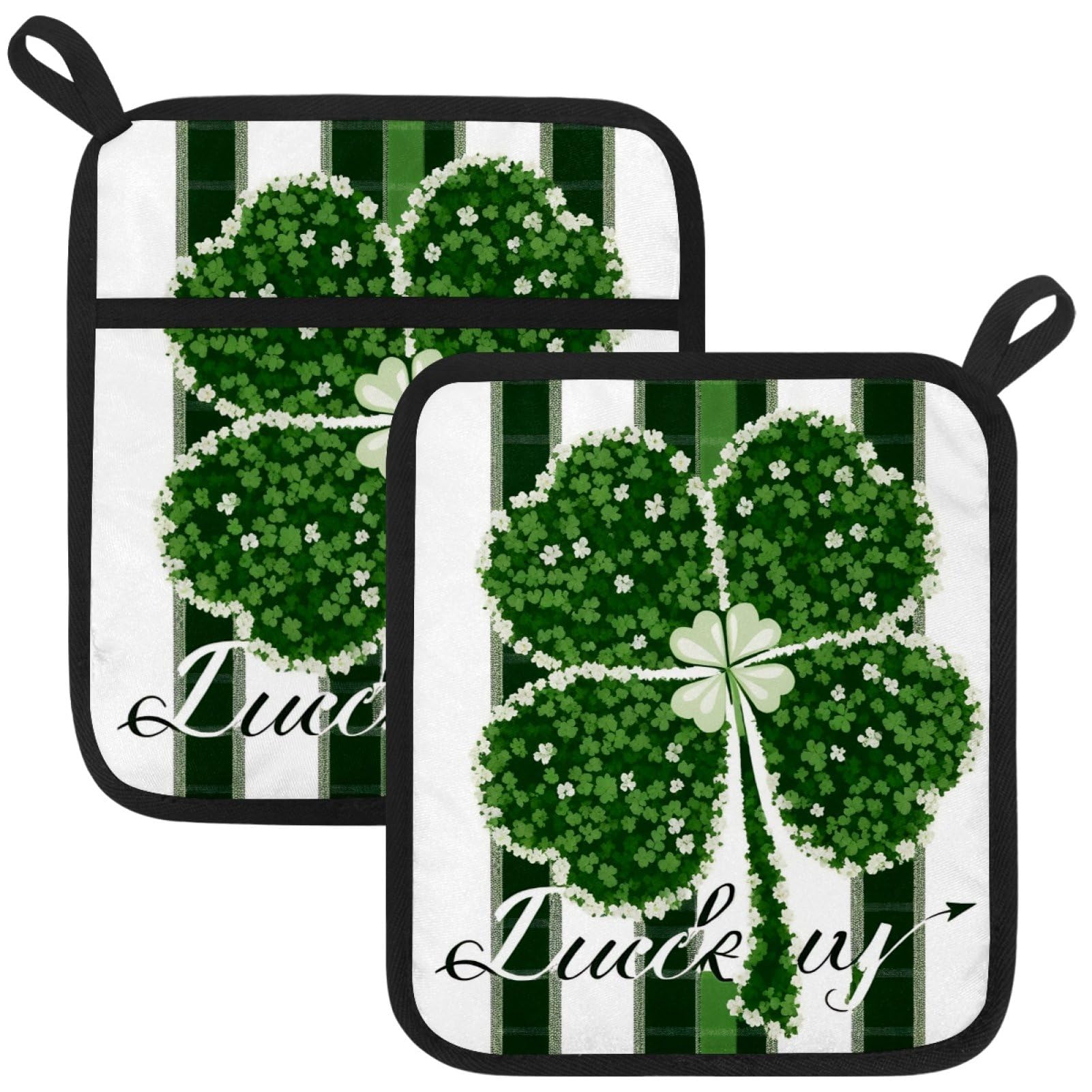 VAPOKF St. Patrick's Day Clovers Heat Resistant Pot Holders, Thick Pot Holders Pad with Hanging Loop for Kitchen, Oven Cloth Pads for Kitchen Baking Microwave Oven