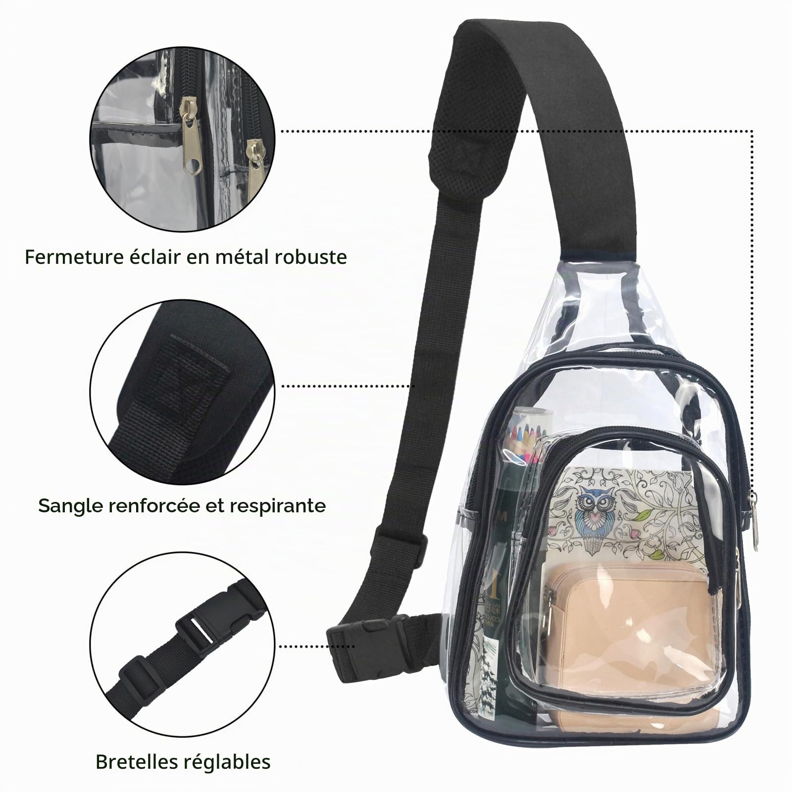 TYXHXTF Sac à Bandoulière, Sac de Poitrine Transparent, Imperméable Sacoche, Femme Décontracté Sacs à Dos, pour Les Festivals de Musique Stade Voyage Plage