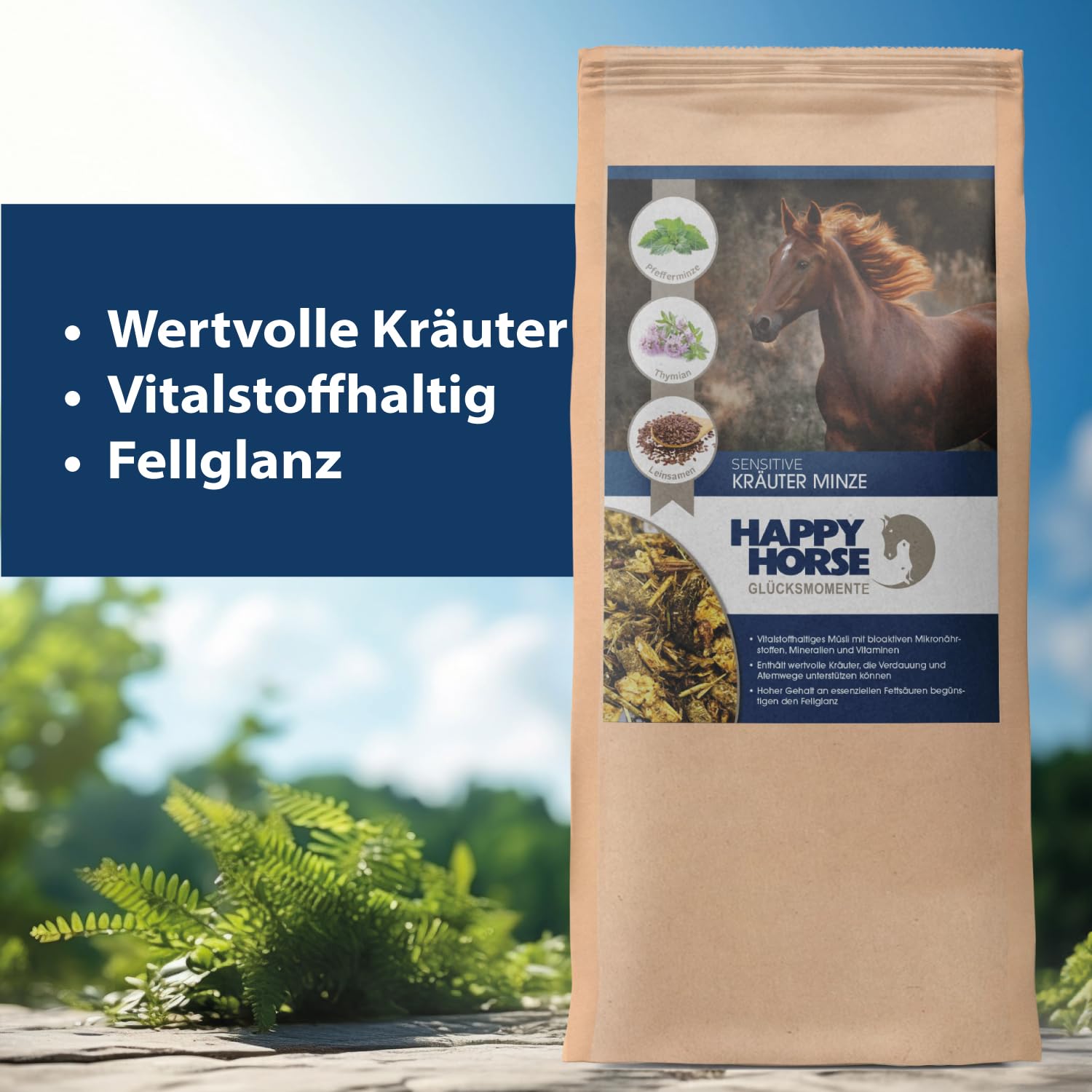 HAPPY HORSE Sensitive Kräuter Minze 2 x 14 kg – Pferdefutter zur Unterstützung der Atemwege - Mit Fenchel, Kamille und Rosmarin - Mineralstoffreiches Ergänzungsfutter für Sport- & Freizeitpferde