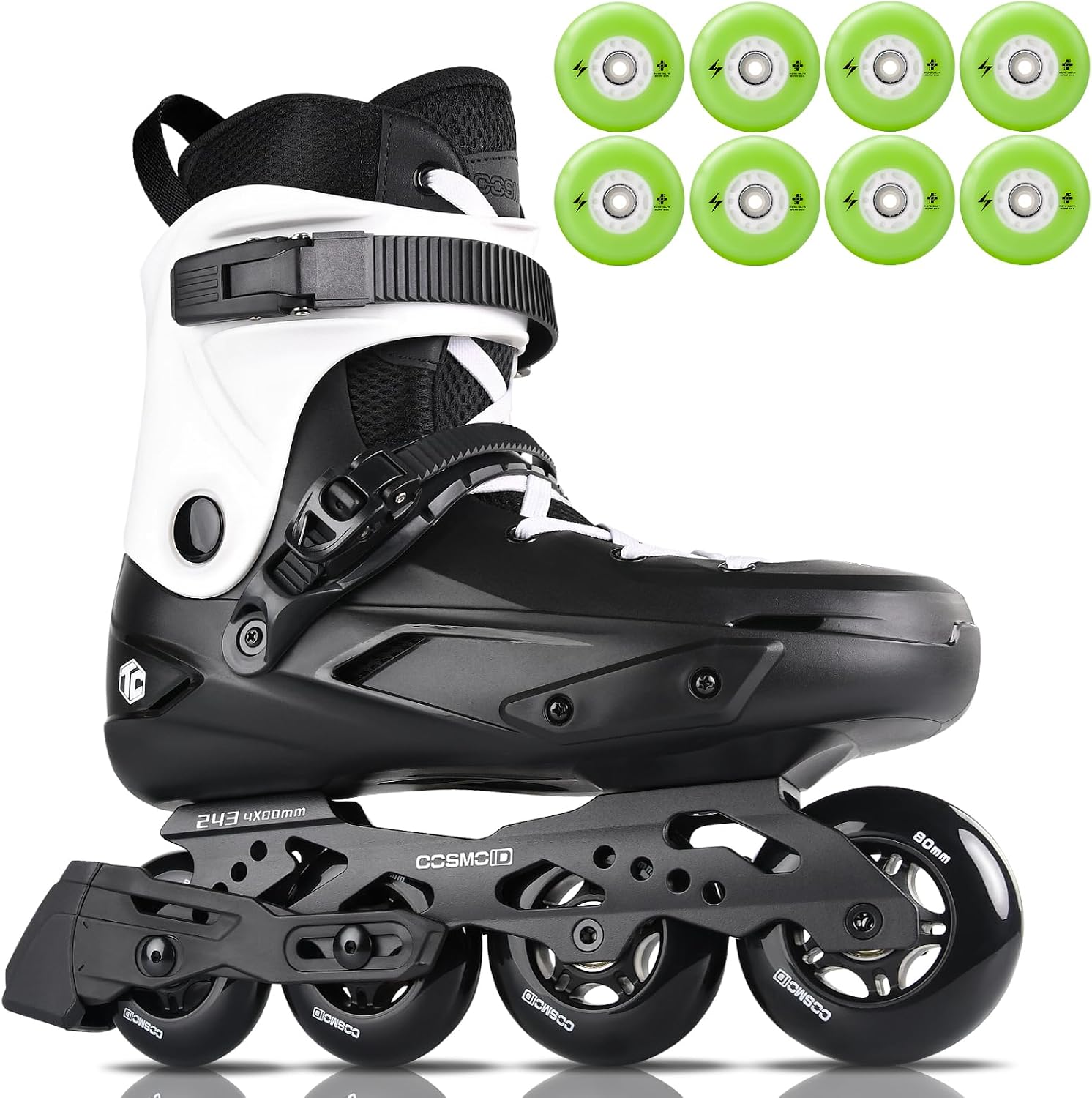 TC Inline Skates for Adults (Size 4-13) + Green Light-Up Wheels 80mm (8-Pack) – Roller Blades for Fitness, Recreation & Outdoor Riding