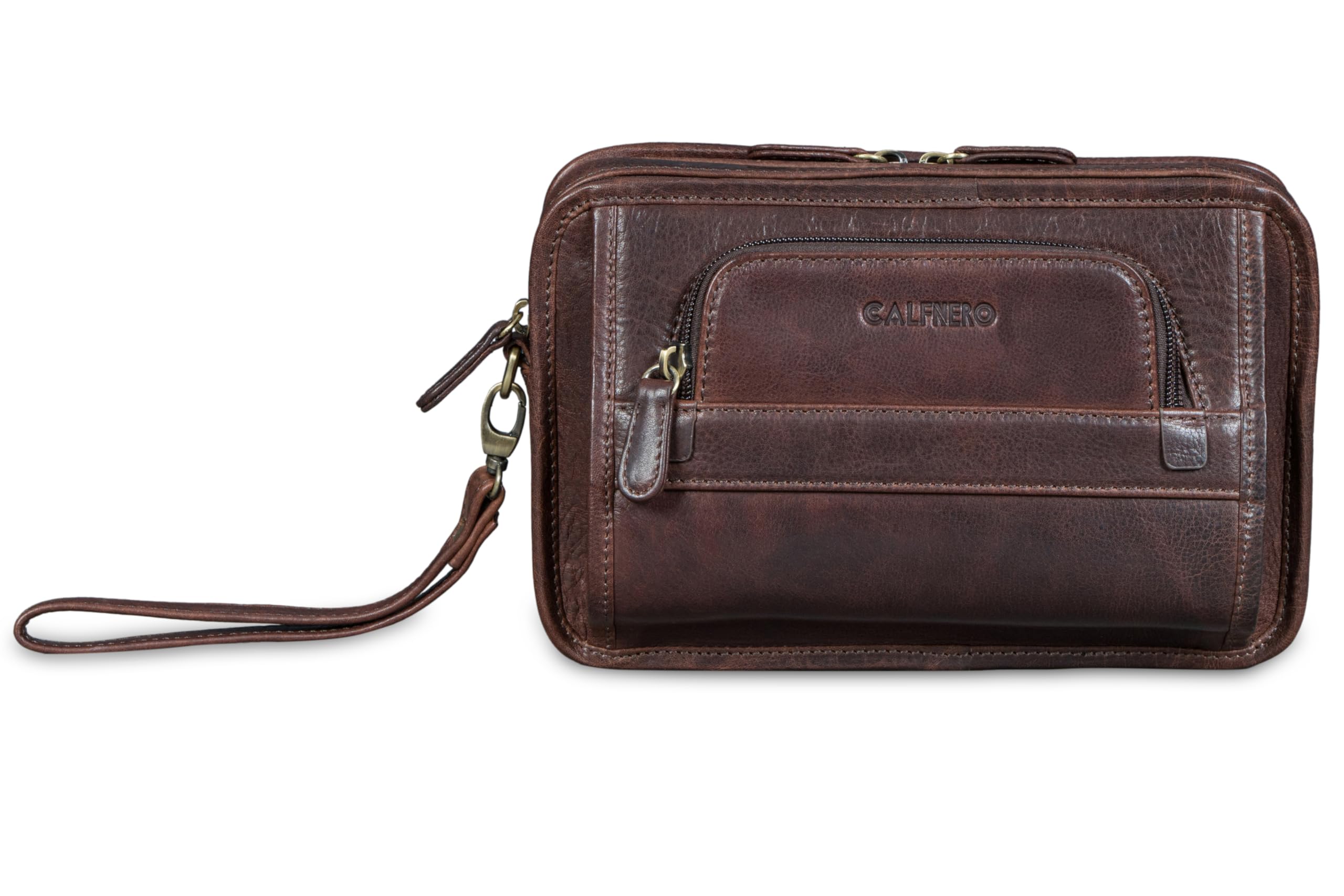 calfnero Genuine Leather Men’s Travel Pouch | Premium Multi-Compartment Organizer Bag with Dual Zipper, Front Pocket & Wrist Strap | Classic Brown Utility Pouch for Men-picture-3