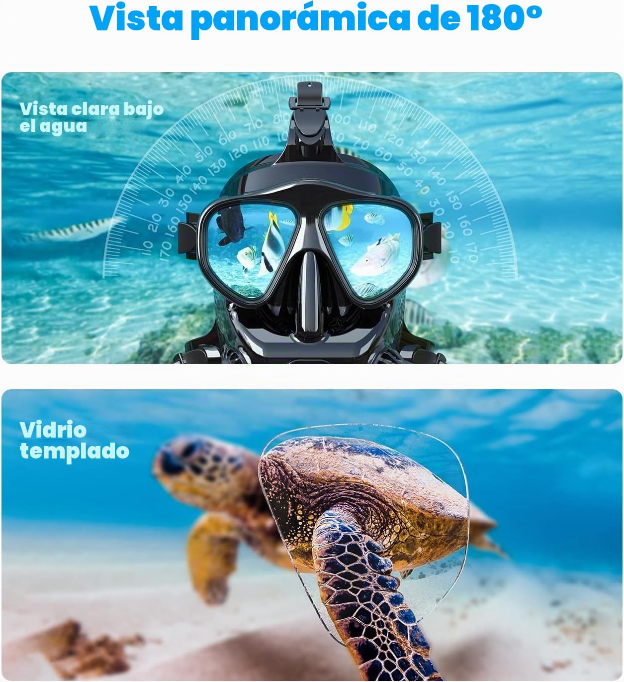 Máscara de buceo para adultos, cara completa con soporte para cámara, máscara de buceo ajustable MODJUEGO 180°, vista panorámica para adultos, antivaho, antifugas, juego superior seco