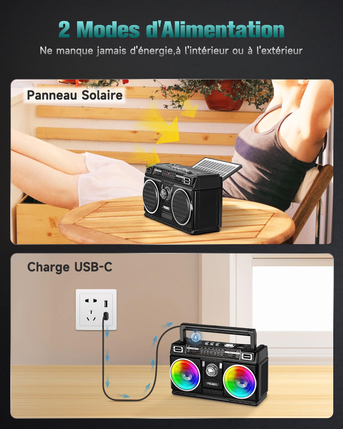 Poste Radio Portable, PRUNUS J-750 AM/FM Radio Portable Rechargeable avec Panneau Solaire, Excellente Réception, 1800mAh Transistor Radio Bluetooth, Support MP3/WAV/WMA