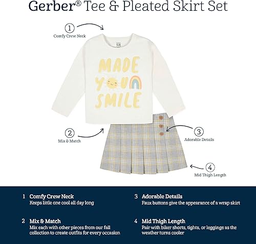 Miniatura 5 de Gerber Conjunto de camiseta de manga larga y falda plisada de 2 piezas para bebés y niñas pequeñas