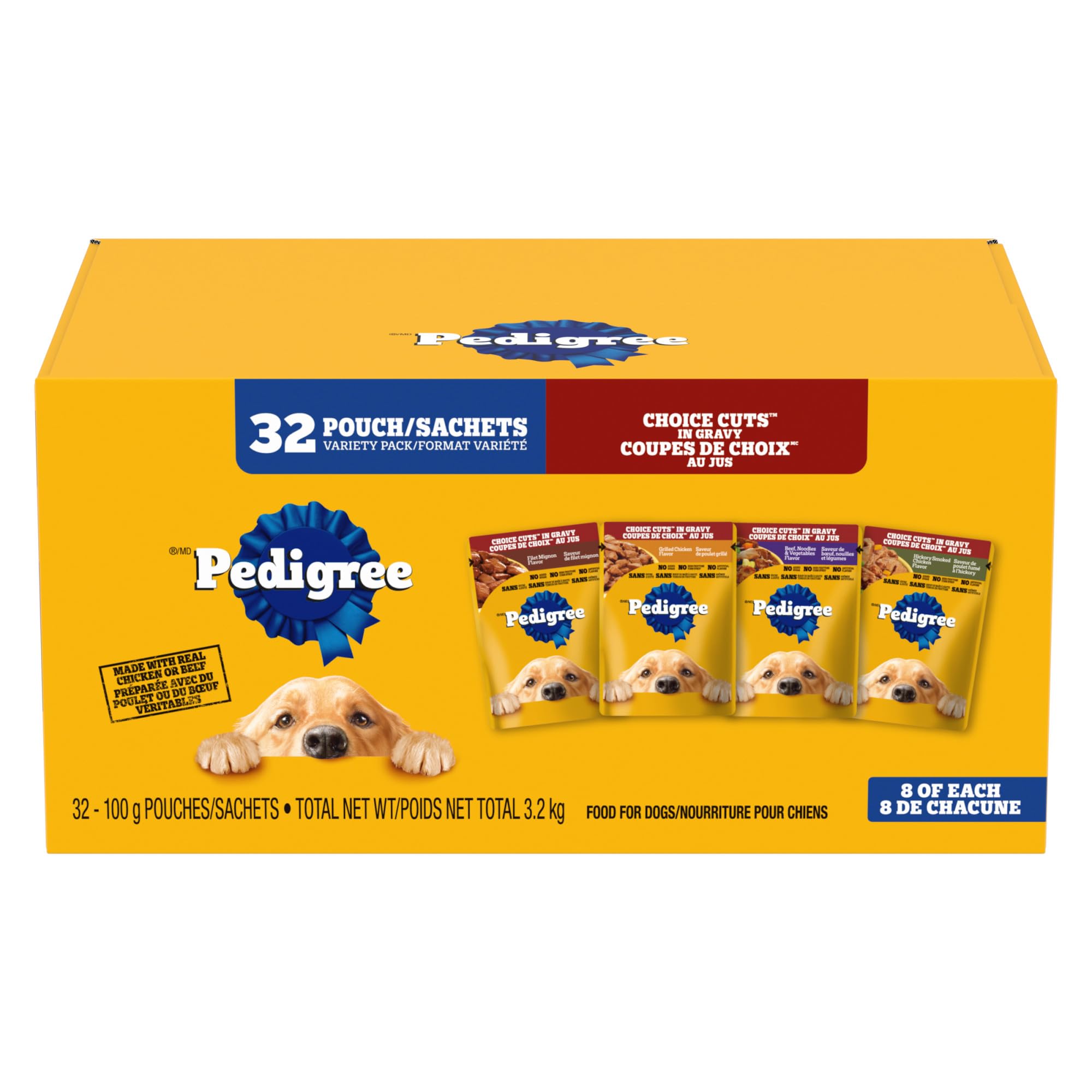 PEDIGREE Choice CUTS in Gravy Adult Soft Wet Dog Food Variety Pack - Filet Mignon, Beef Noodles & Vegetables, Grilled Chicken, Hickory Smoked Chicken Flavour, 32 x 100g (3.5 oz) Po image 8