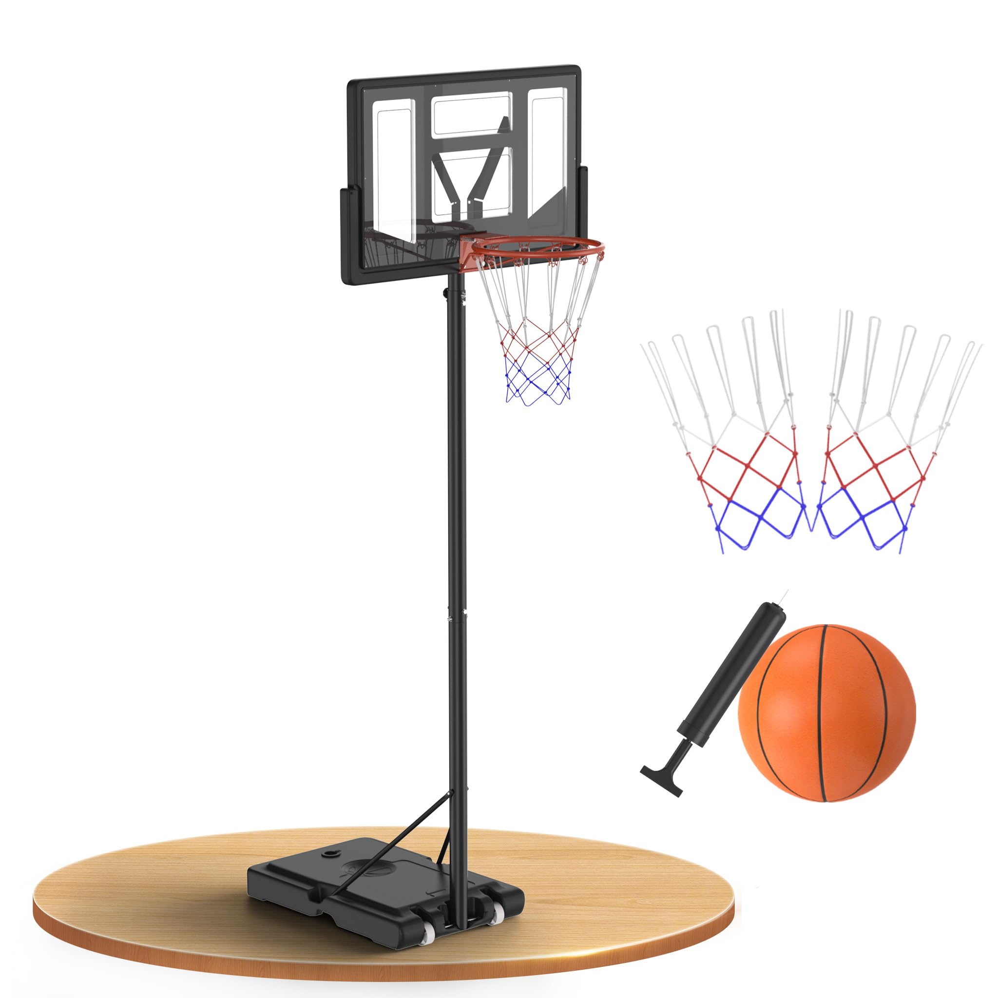 Froadp Canasta de baloncesto ajustable en altura para interior y exterior, soporte de baloncesto con soporte, juego completo, incluye pelota de baloncesto, bomba, equipo de baloncesto portátil para