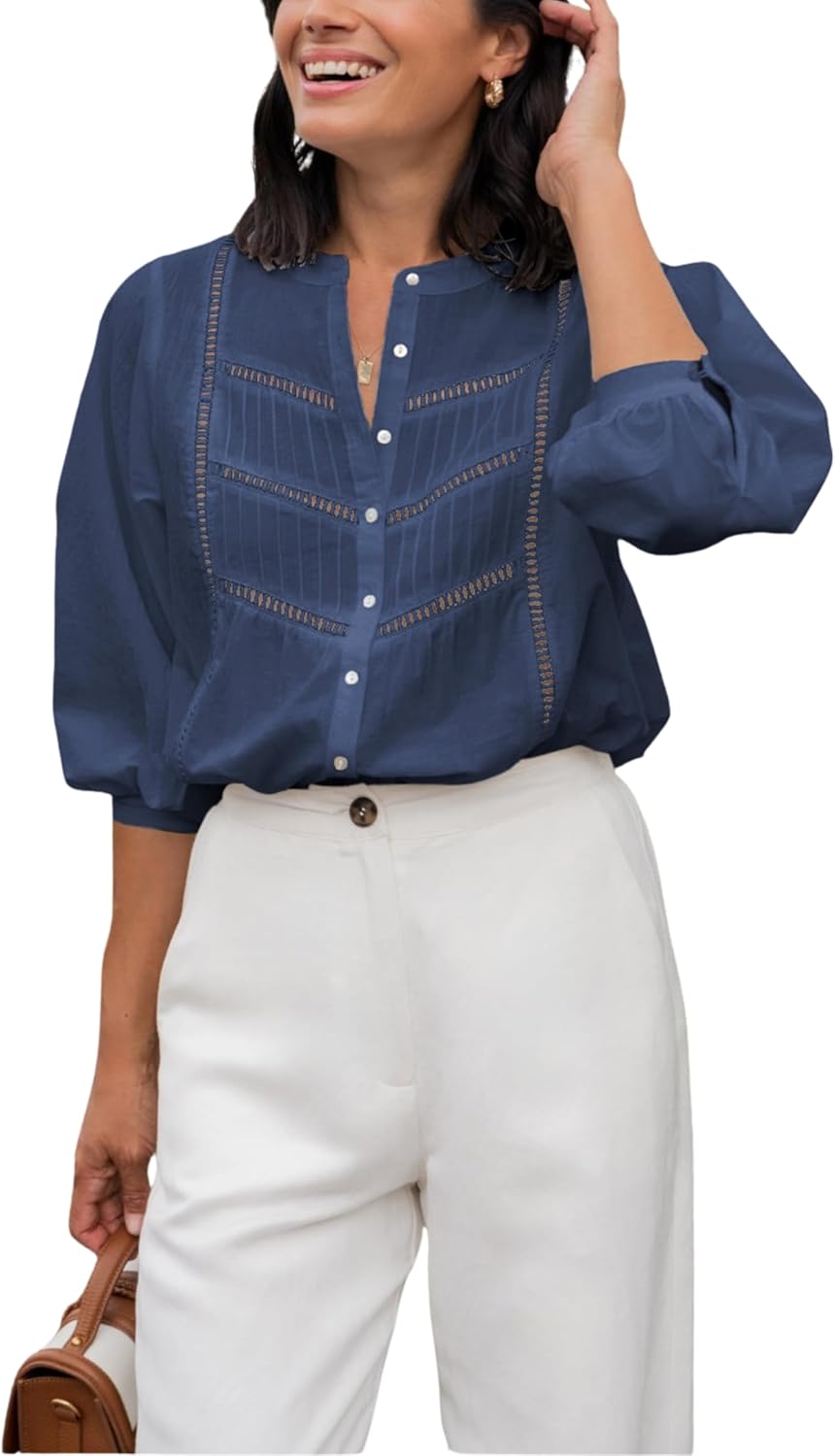 EsheSy Women's Button Down Shirts Lace Blouses Bracelet Sleeves Round Neck Loose Pleated Cotton Tops