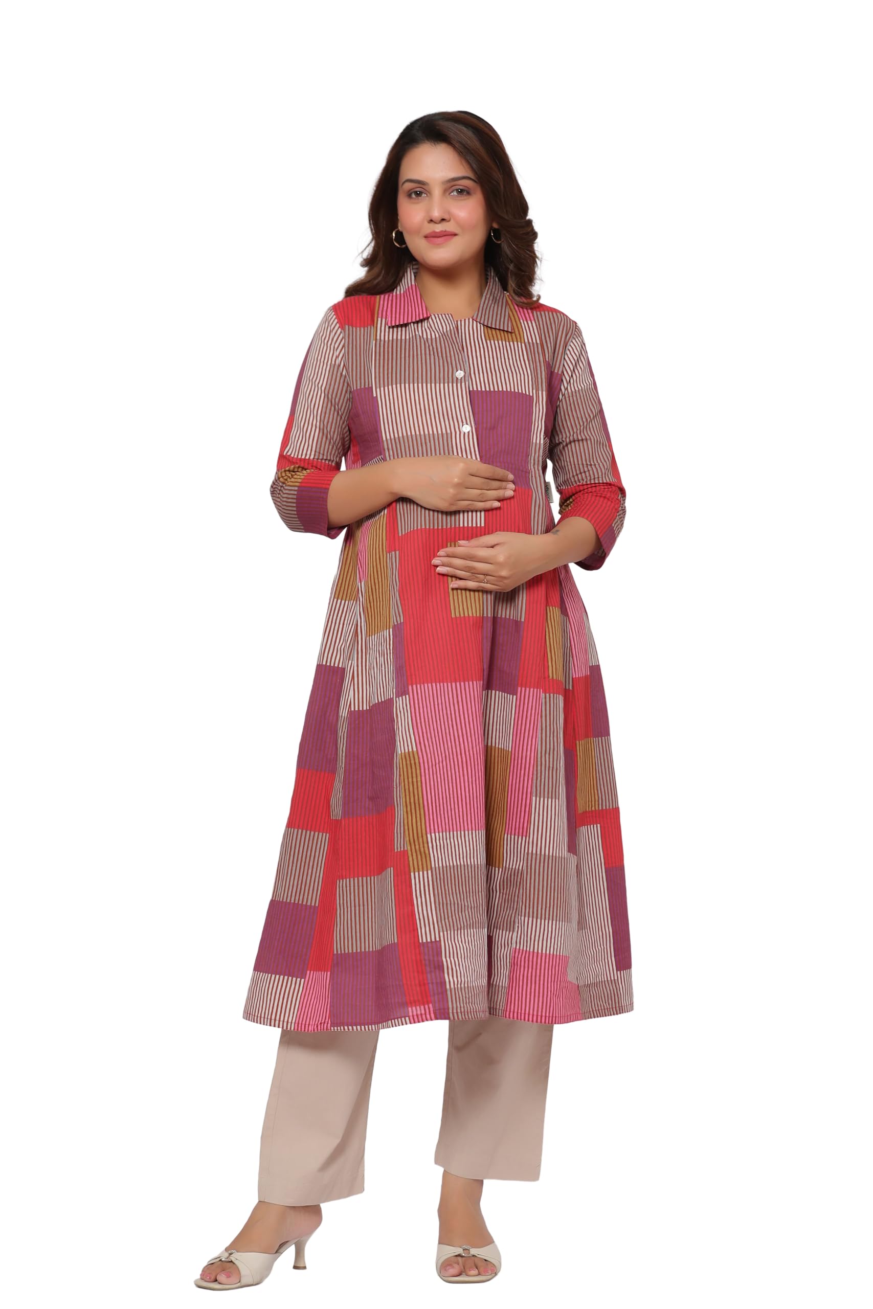 Pre & Post Maternity/Nursing Wear Hand Printed Kurta Cum Midi Dress/Nighty with Both Sides Zipper Easy Feeding to Be Moms & Nursing Mothers Cotton Cherry Multi-image-49