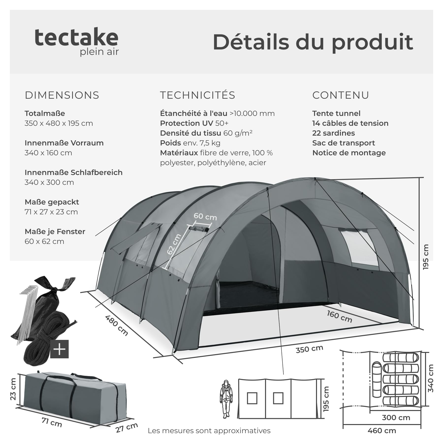 tectake® Tente de Camping Familiale XXL pour 6 Personnes avec moustiquaire Tente Trekking Equipement Montagne Festival Randonnée Pêche Plage Outdoor Camping Tent