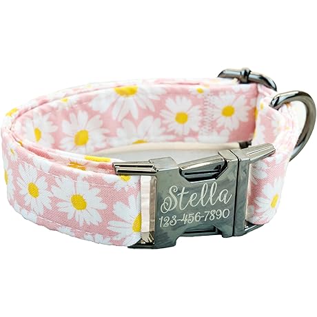 Luxury Light Pink Daisy Dog Collar with Adjustable Strap and Durable Engraved Metal Buckle