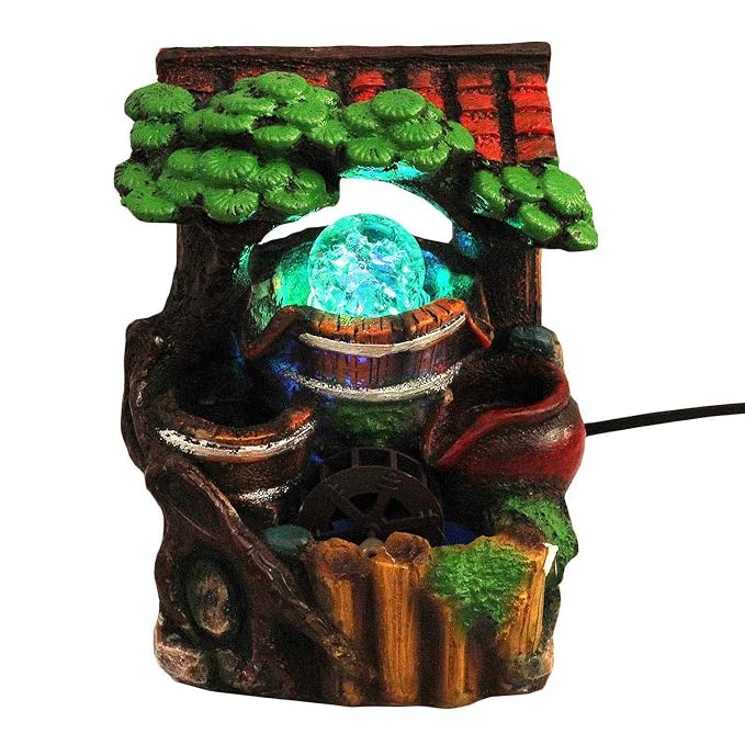 Eco Shopee Tree Nature Water Fountain Show Piece with Crystal Ball Led Light and Mini Pump Polystone (Multicolour) 16x16x19 cm (Stone) G 208