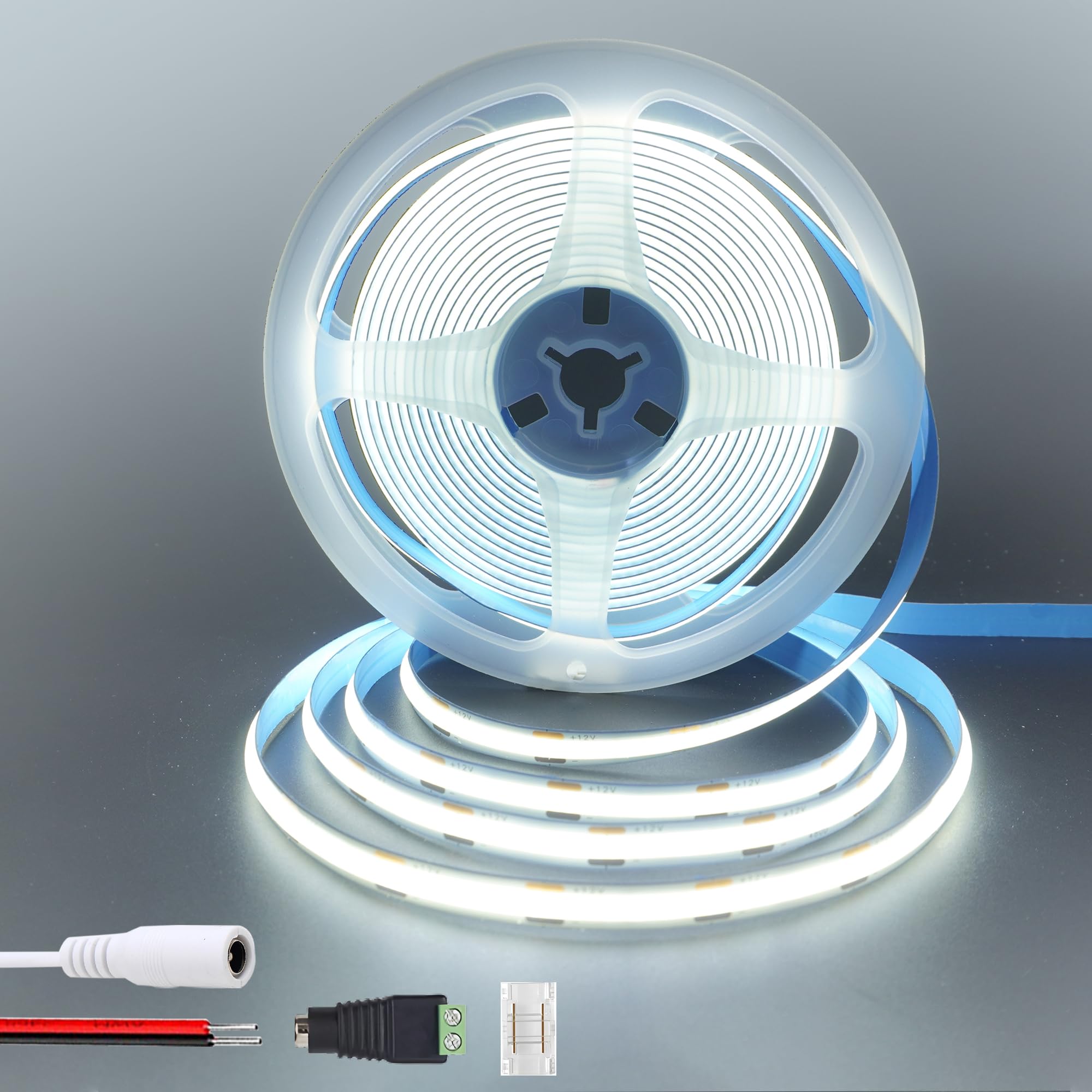 Clearhill 12V COB LED Strip Lights 9.84FT/3M(No Power Supply),Cool White 6500K,320LEDs/M,with 5521DC Female and red and Black Wire Connectors,8mm Width,IP20,for DIY Home Indoor Decoration