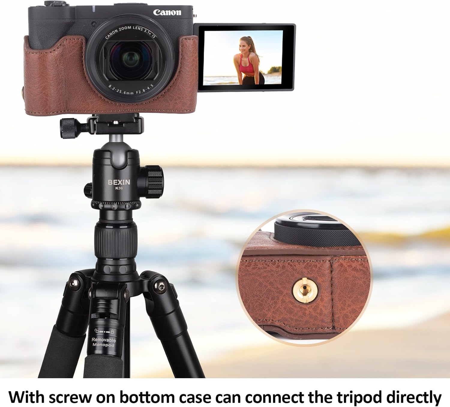 MUZIRI KINOKOO Powershot V1 Case, PU Leather Dermatoglyph Protective Carrying Case for Canon V1 Vlog Camera with Adjustable Shoulder Strap - Coffee