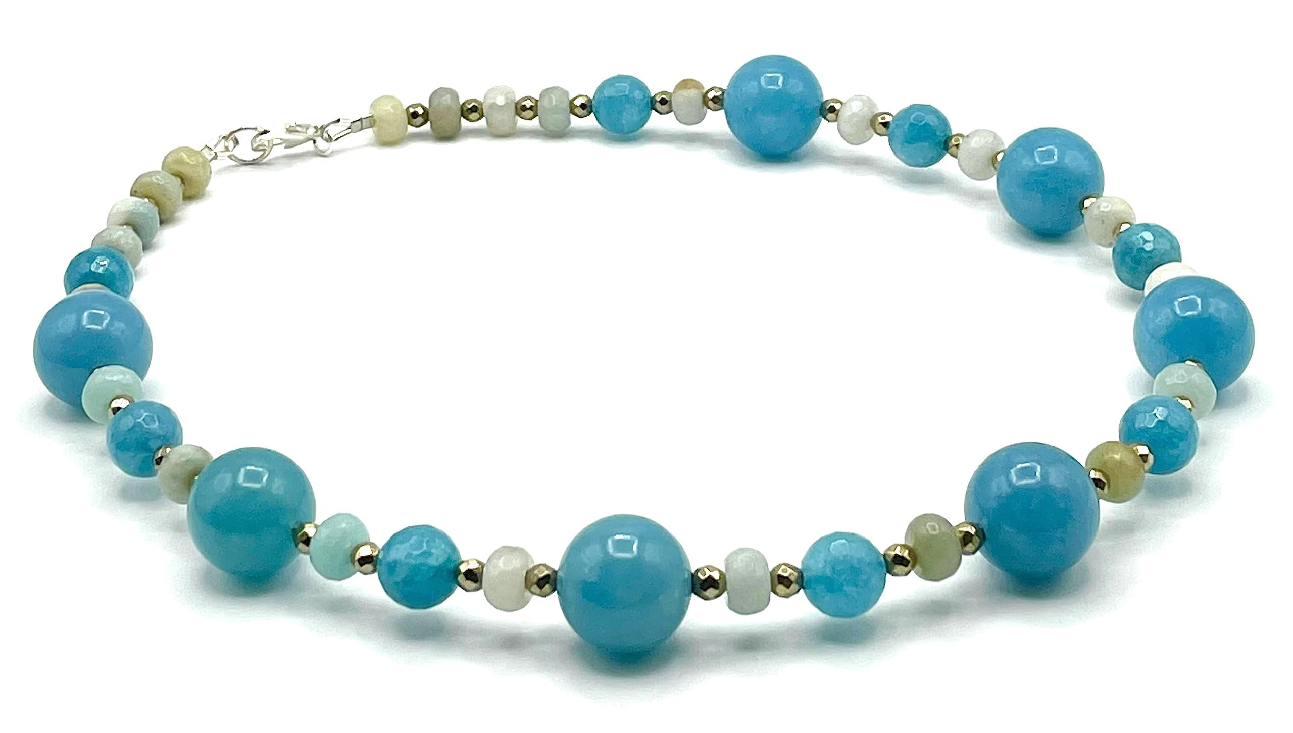 Collana in Argento 925 Giada e Amazzonite, Gioielli Artigianali, Pietra di Nascita di Marzo, Pietre Dure, Bijoux Made in Italy, Regalo