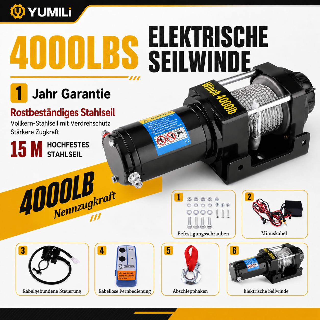 Elektrische Seilwinde 12V, 4000 LBS/ 1818 Kg Motorwinde Seilzug, 4.8mm x 15m Stahlseil Elektrowinde Winde, Wasserdicht nach IP67 mit Fernbedienung, für UTV, ATV, Bootstrailer, Offroad-Bergung