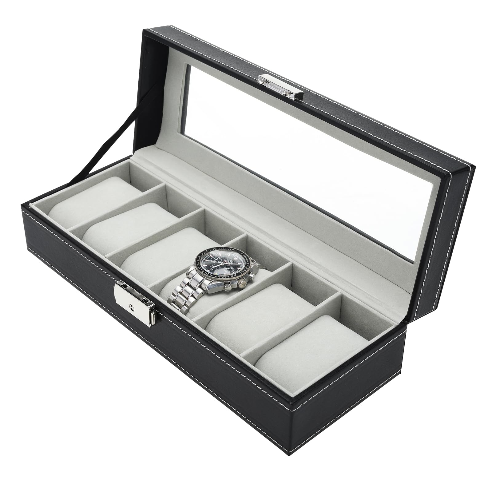 NovelBee 6 Slots Watch Boxes,Rectangle Watches Display Case with Glass Lid and Removable Pillows for Men Women Watch Organizer (B0C5QXMPF9) Amazon Price History, Amazon Price Tracker