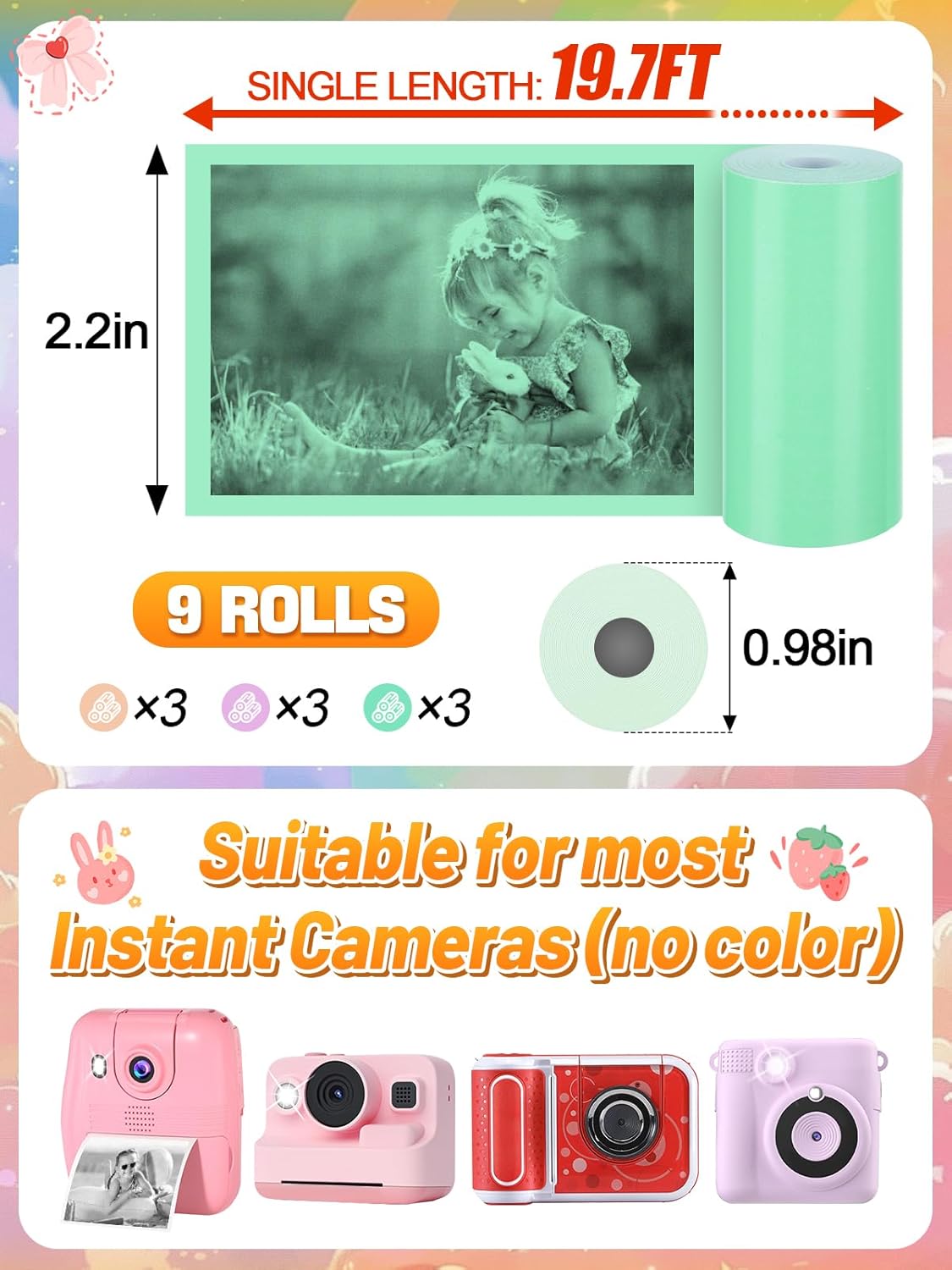 9 Rolls Kids Instant Camera Print Refill Paper- Photo Printer Thermal Paper Rolls Instant Print Camera Refill Paper for 4 5 6 7 8 9 10 Year Old Girls Boys Birthday Gifts, Candy Color - Image 5