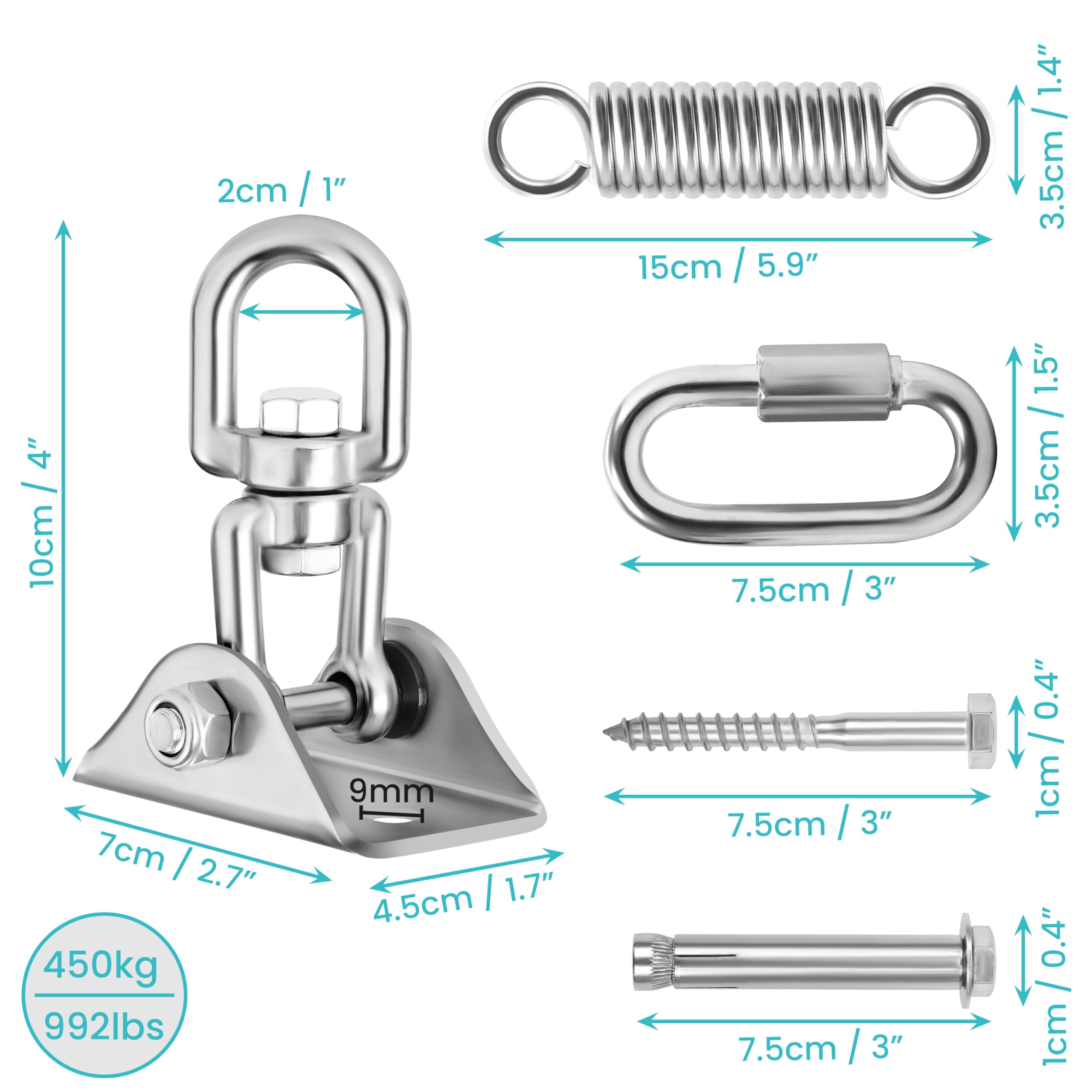 Crochet Plafond Rotatif 360° 450 Kg – Chaîne 60 Cm Incluse, Acier Inox SUS304 Pour Fauteuil Suspendu, Hamac, Sac De Frappe