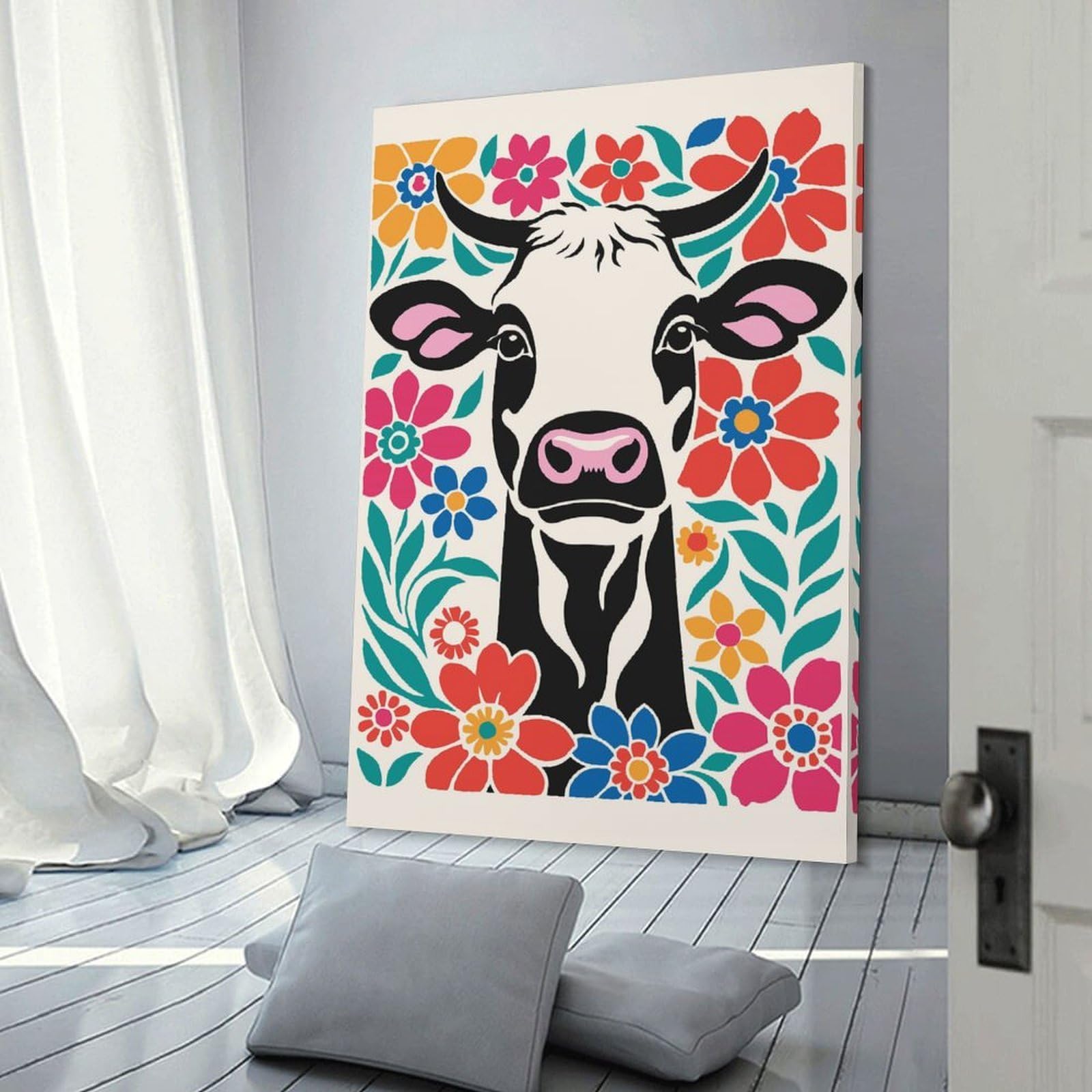 Junmoney Canvas Art Print Cute Cow in Flowers, 20x30inch(50x75cm), for Small Homes, Bedrooms Or Open Spaces, A Simple Refresh for Blank Walls