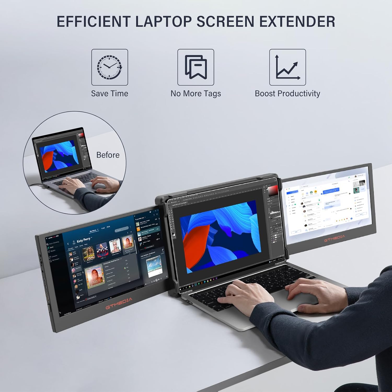 Laptop with the GTMEDIA triple screen extender attached, showing a user working efficiently with multiple applications across the three screens.
