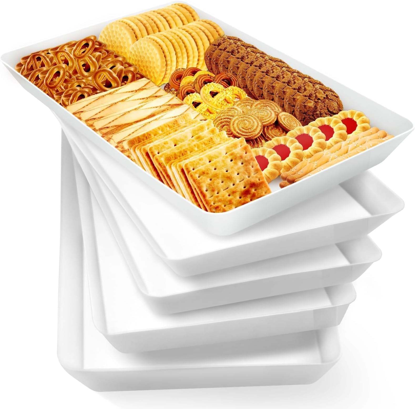 WOWBOX 5 pcs Serving Tray for Entertaining, Serving Platters for Fruit, Cookies, Dessert, Snacks, Reusable Plastic Trays for Serving Food and Pantry Organization in Kitchen & for Parties