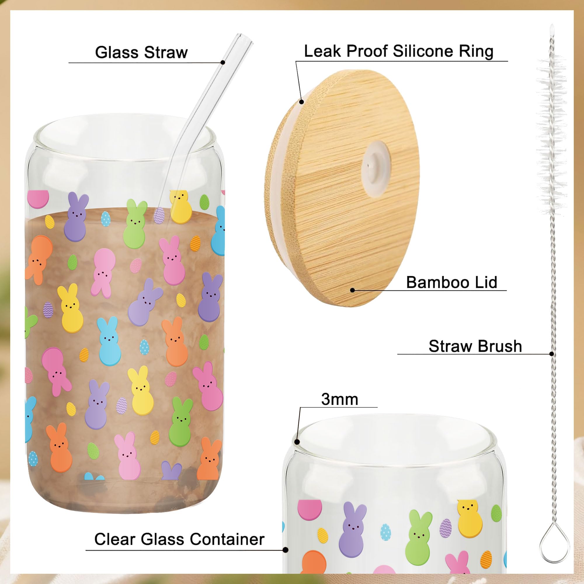 Easter Gifts for Teen Girls & Women, 5 Pcs Easter Basket Stuffers, Bunny Gift Set with 16oz Rabbit Glass Tumbler, Cute Greeting Card, Bracelet, Hair Scrunchie, Socks