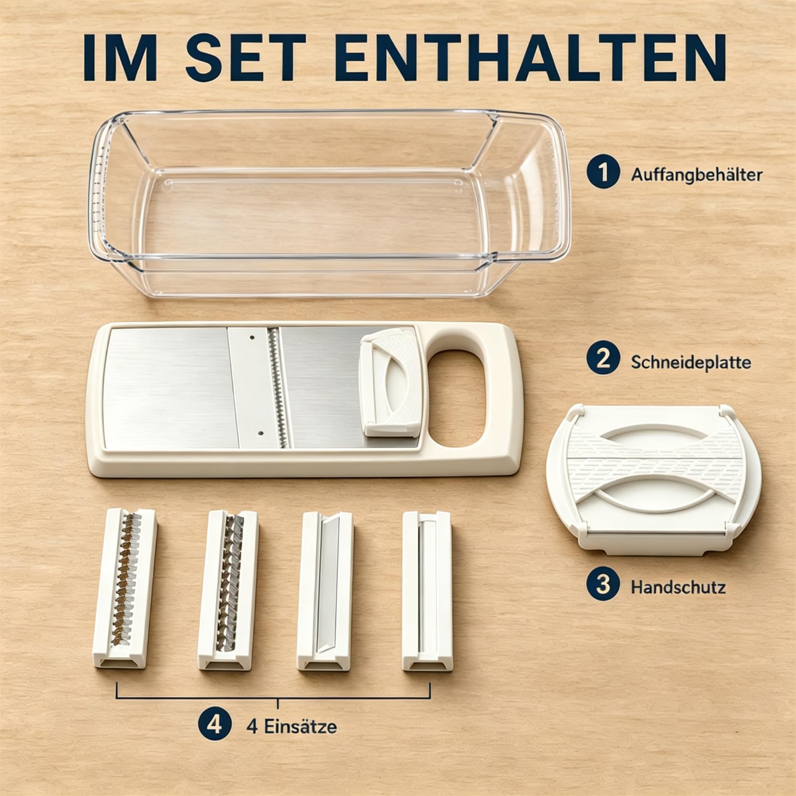 Mandoline Gemüsehobel mit Behälter, 4 Einsätze für Gemüse, Cremeweiß
