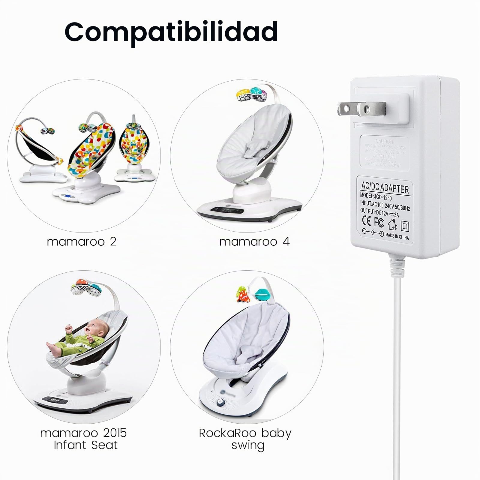 Cable de alimentación de 3 m para 4moms mamaRoo 4, cargador de 12 V 3 A para RockaRoo Baby Swing | Adaptador de CA, color blanco
