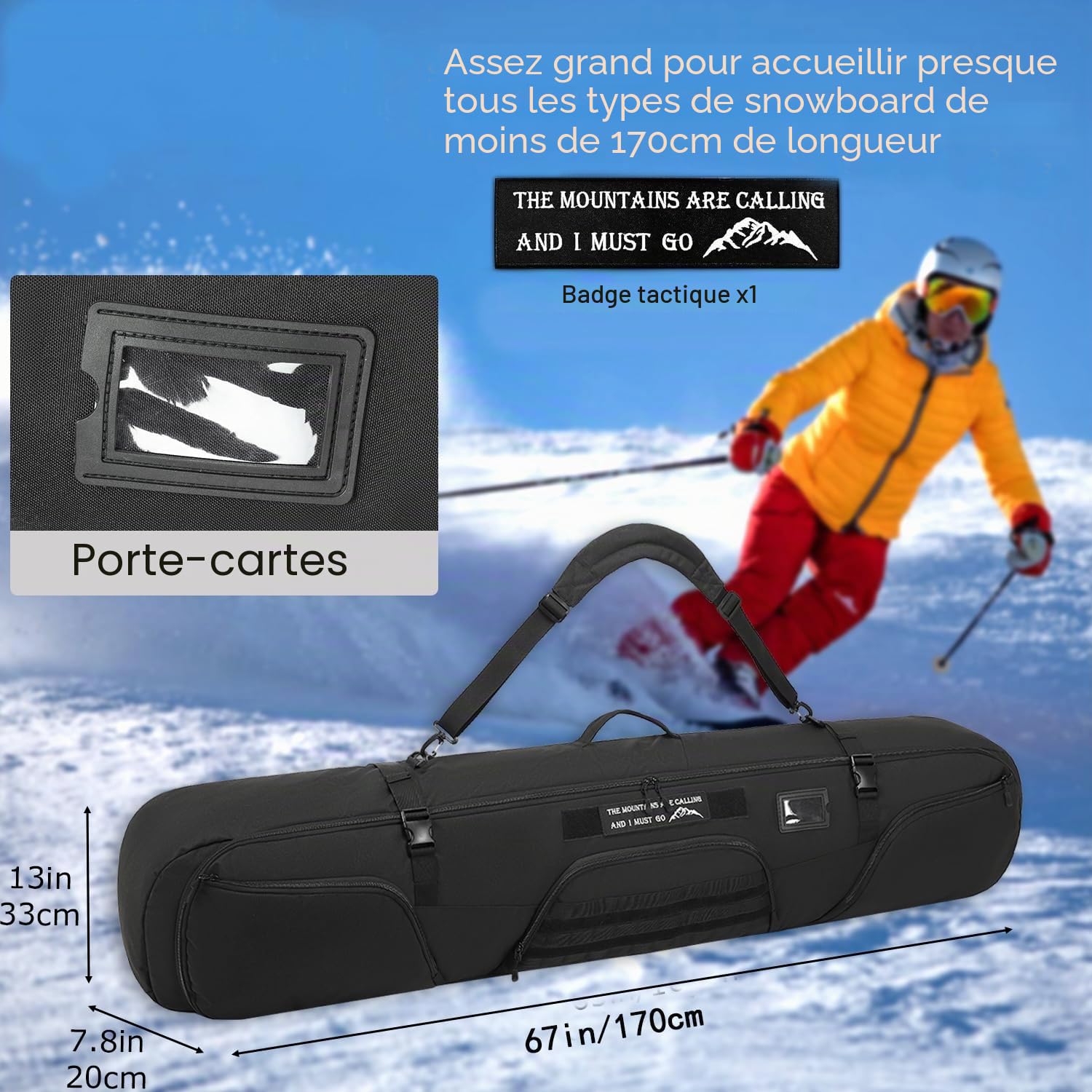 Sac de Voyage Rembourré pour Snowboard 163 cm, Sac de Ski, Travel Snowboard Bag pour Combinaison et Chaussures de Ski, équipement